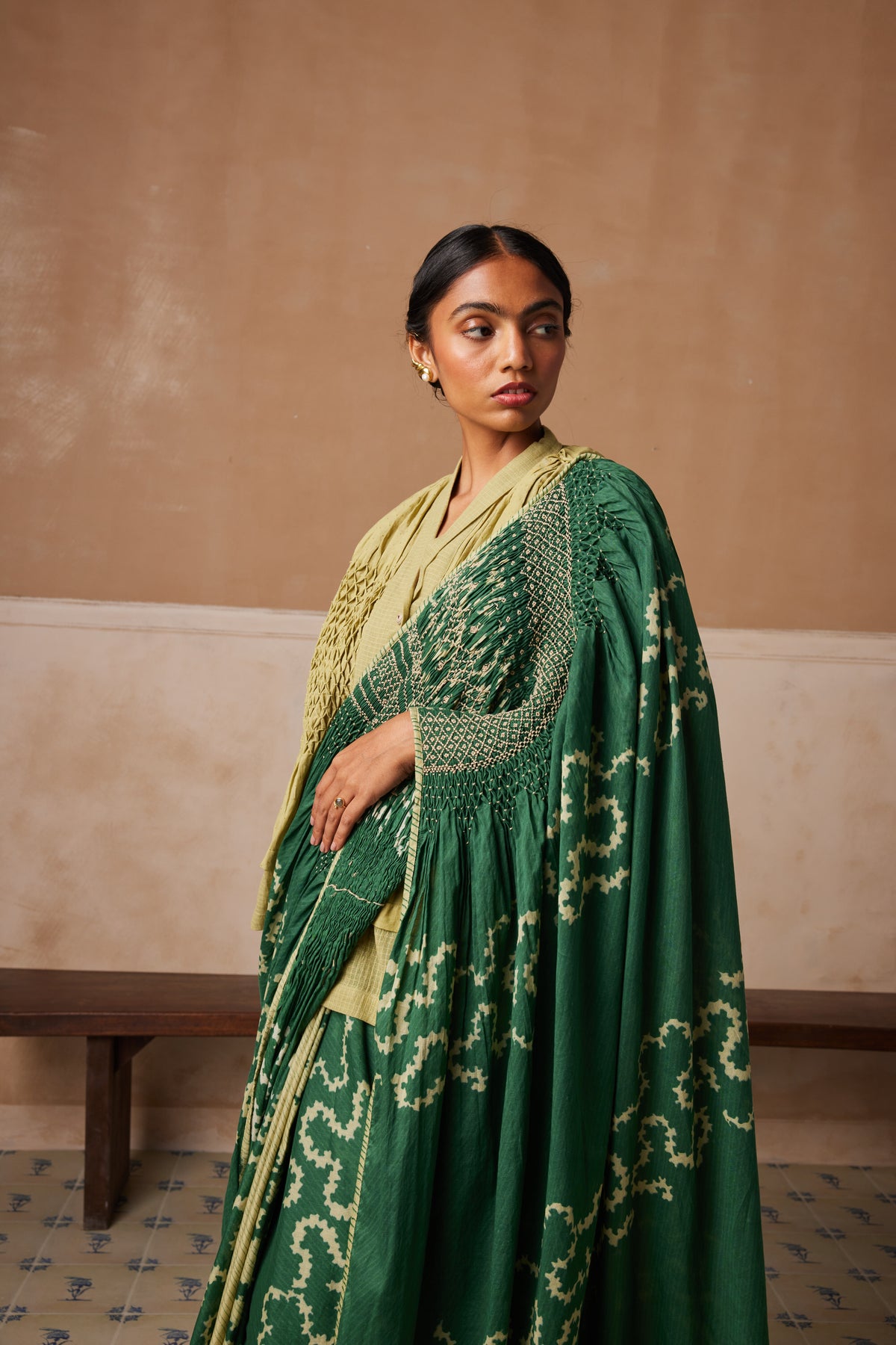 Emerald Spiral Smocked Saree