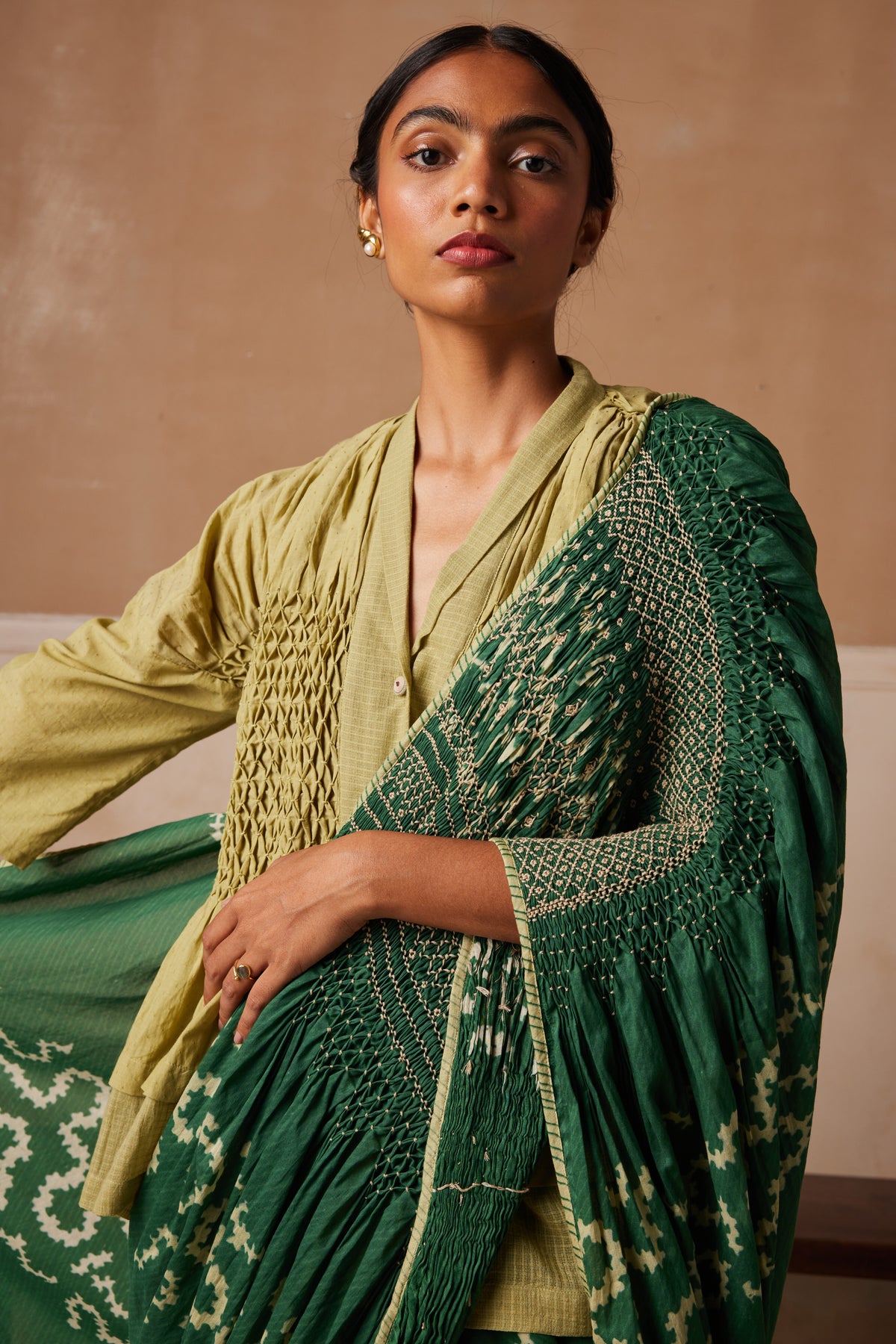 Emerald Spiral Smocked Saree