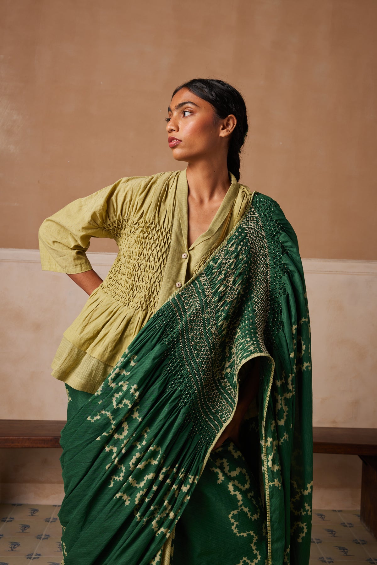 Emerald Spiral Smocked Saree With Top