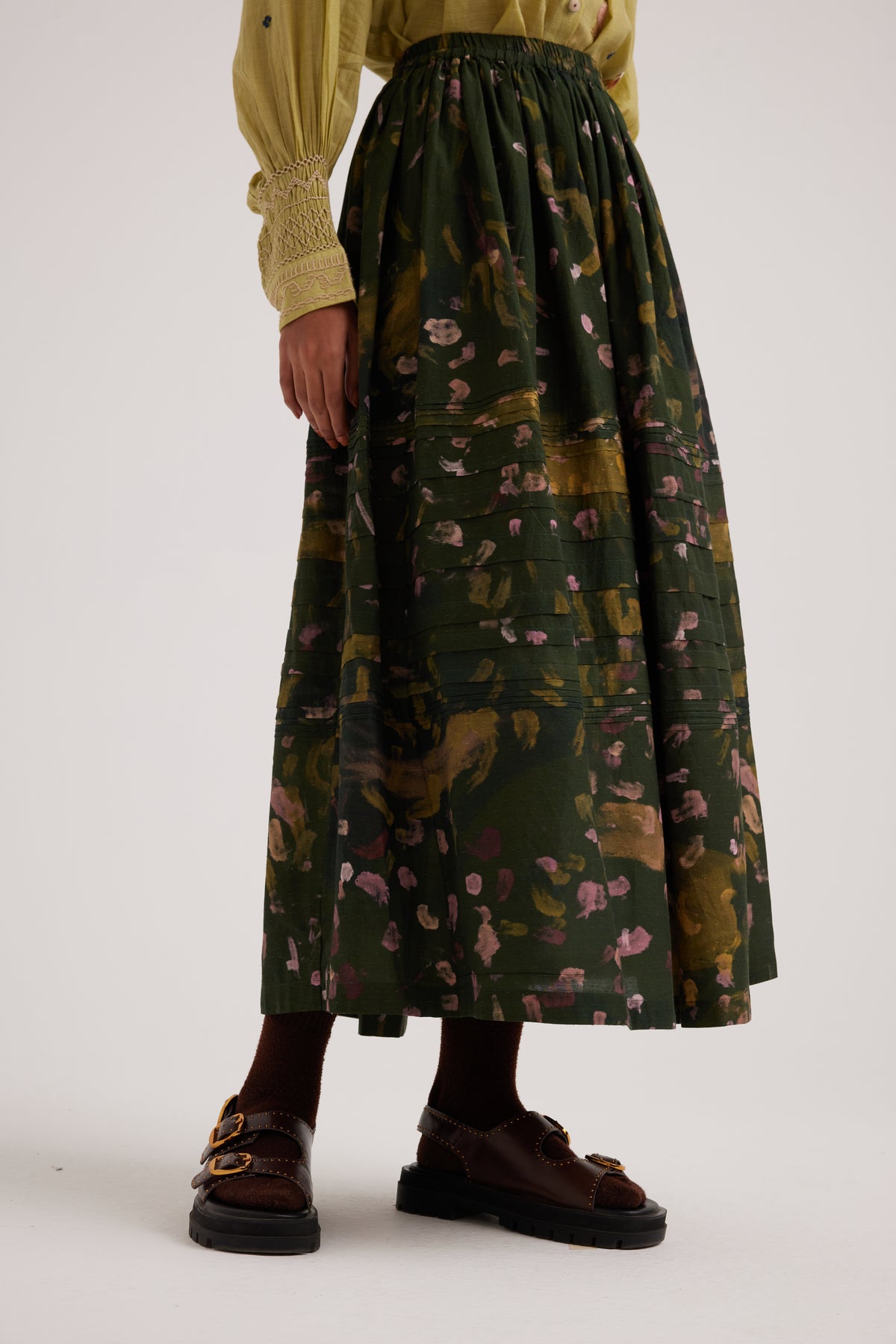 Green Strokes Pintuck Skirt