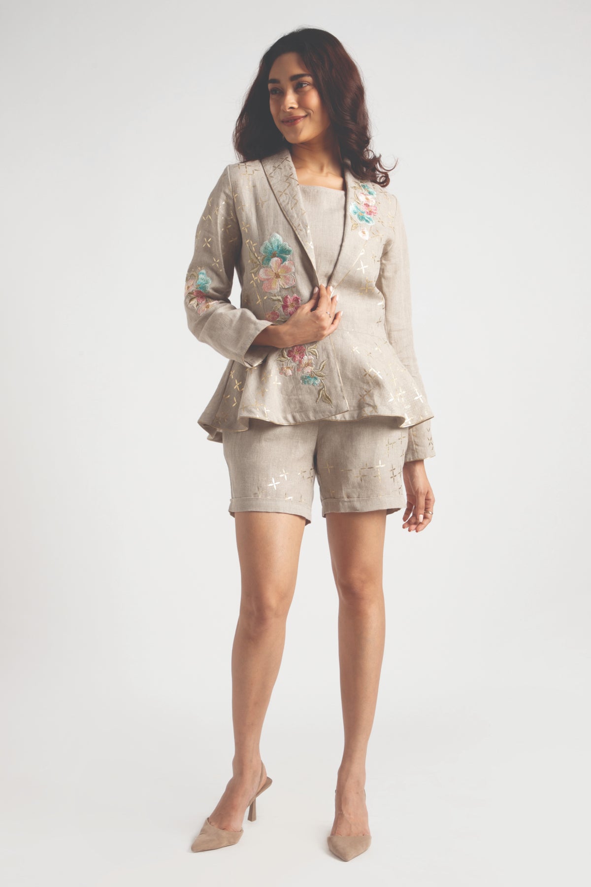 Natural Peplum Jacket &amp; Shorts Set