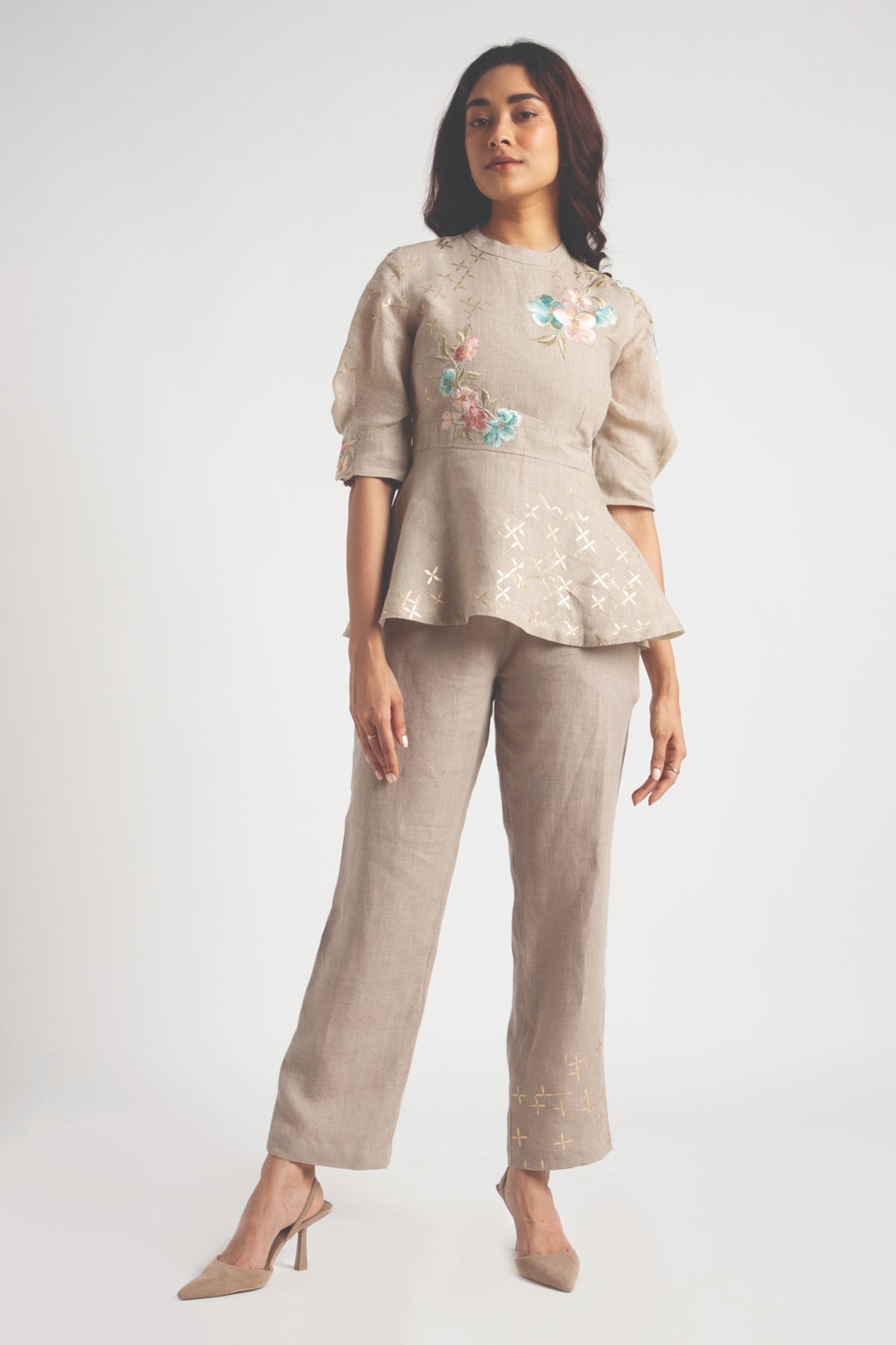 Natural Corsage Peplum Top and Pant Set