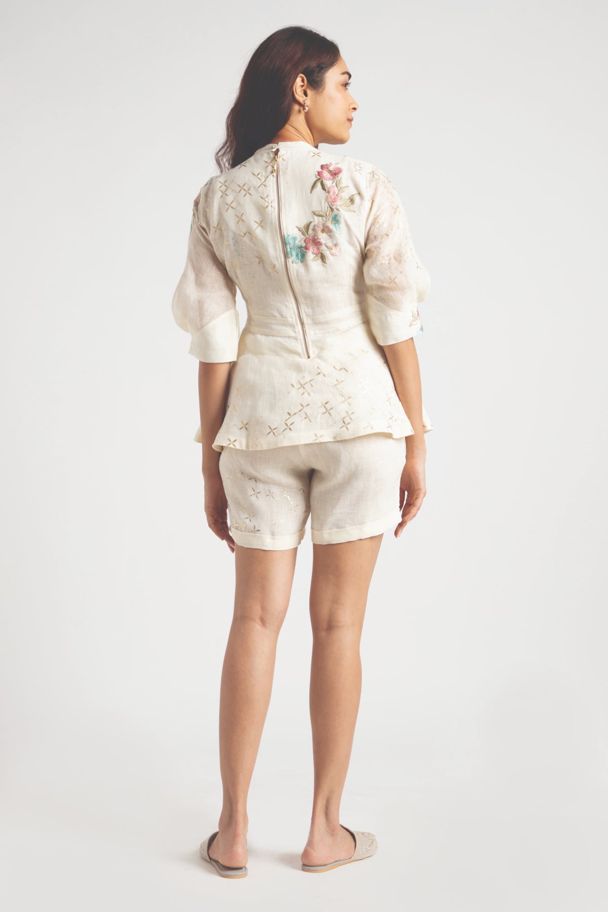 Off White Corsage Peplum Top &amp; Shorts