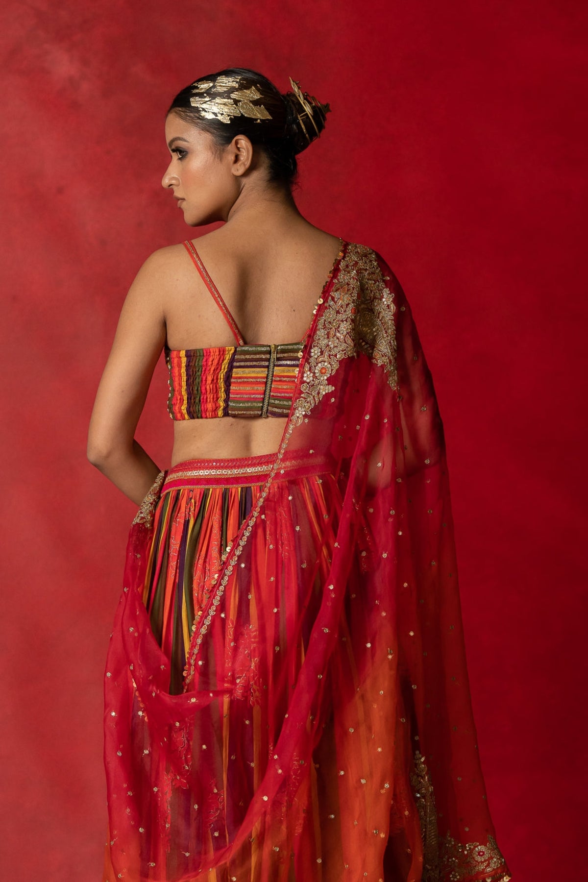 Floral Stripe Print Lehenga Set