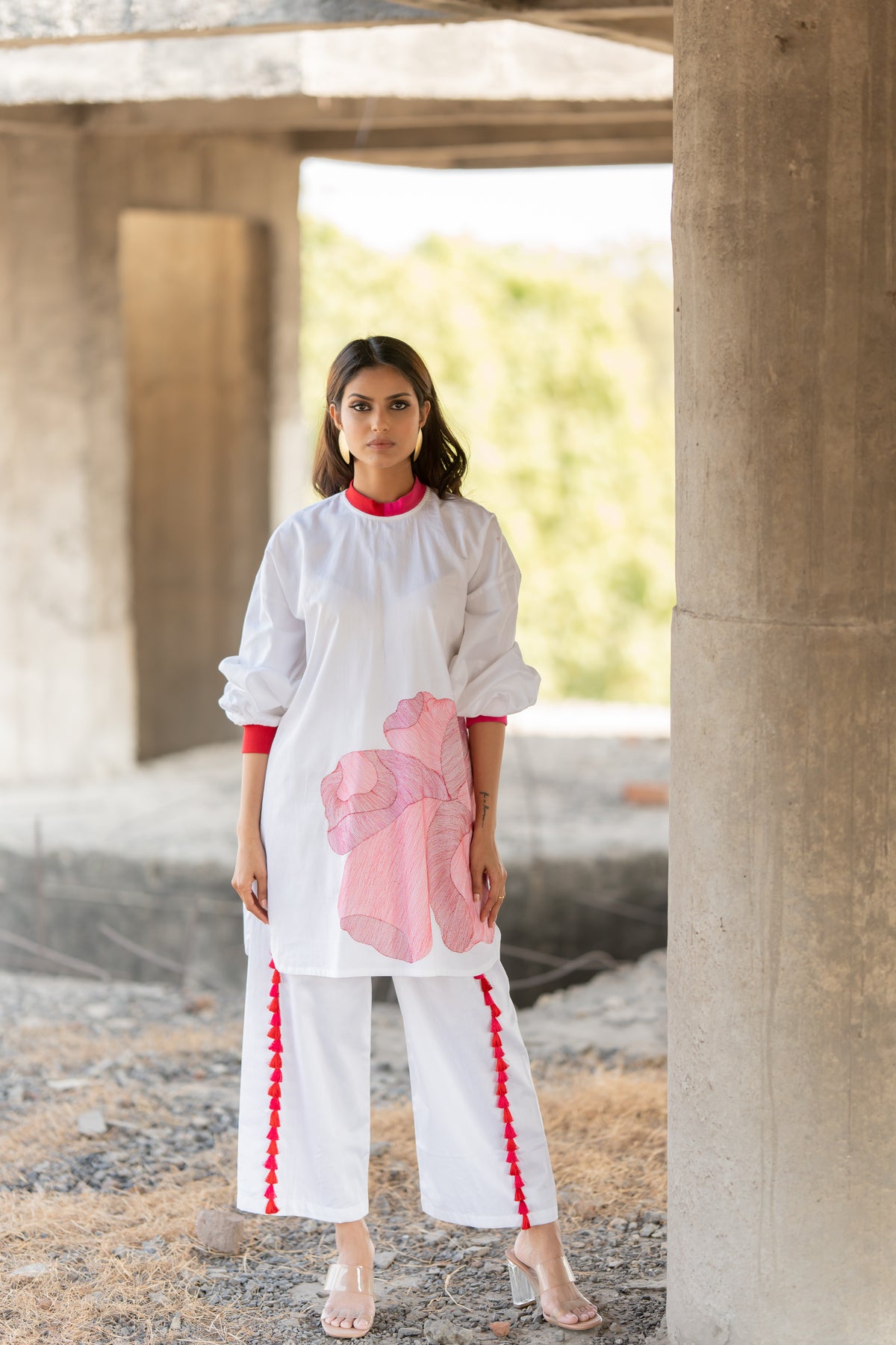 White Co-ord Set With Hibiscus