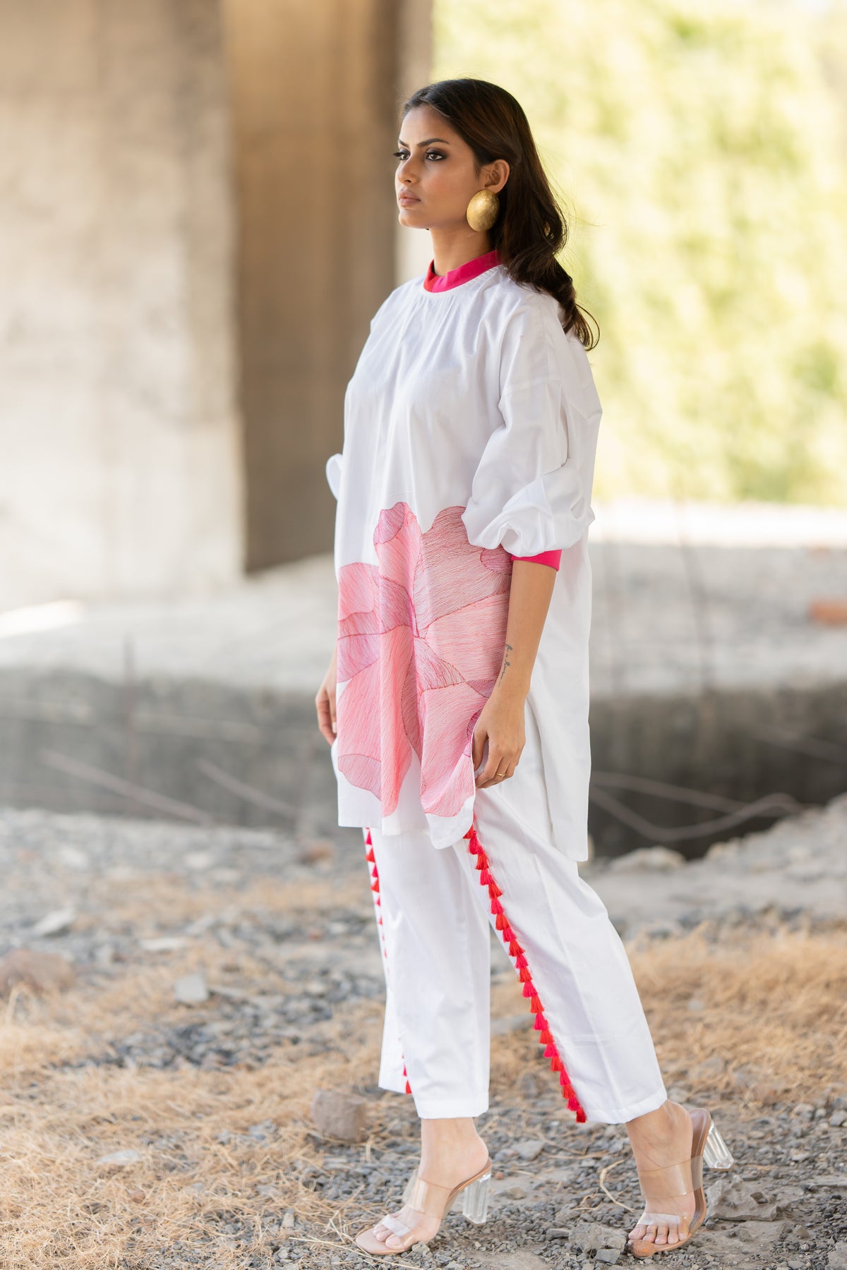 White Co-ord Set With Hibiscus