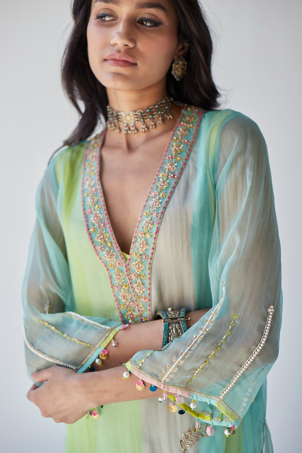 Powder Blue Jaal Organza Kurta