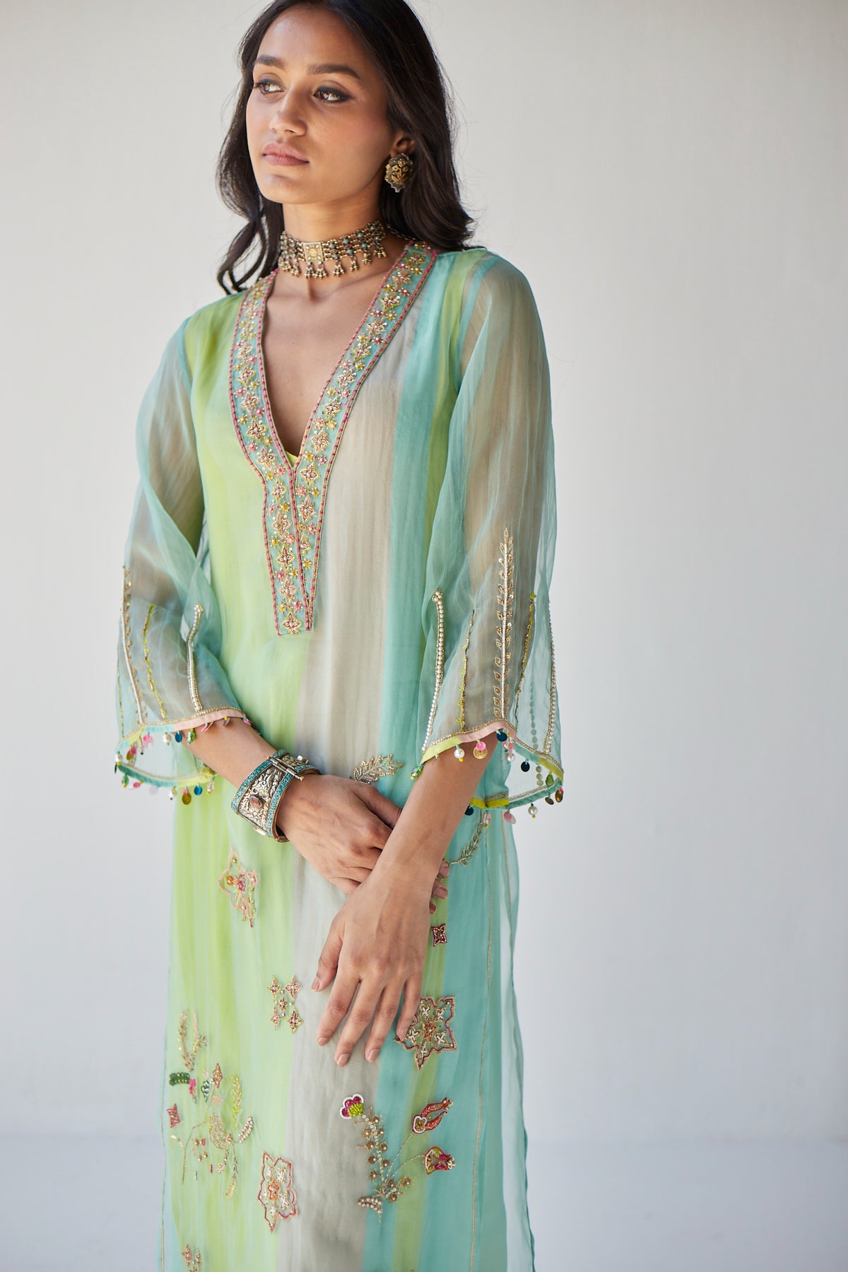 Powder Blue Jaal Organza Kurta