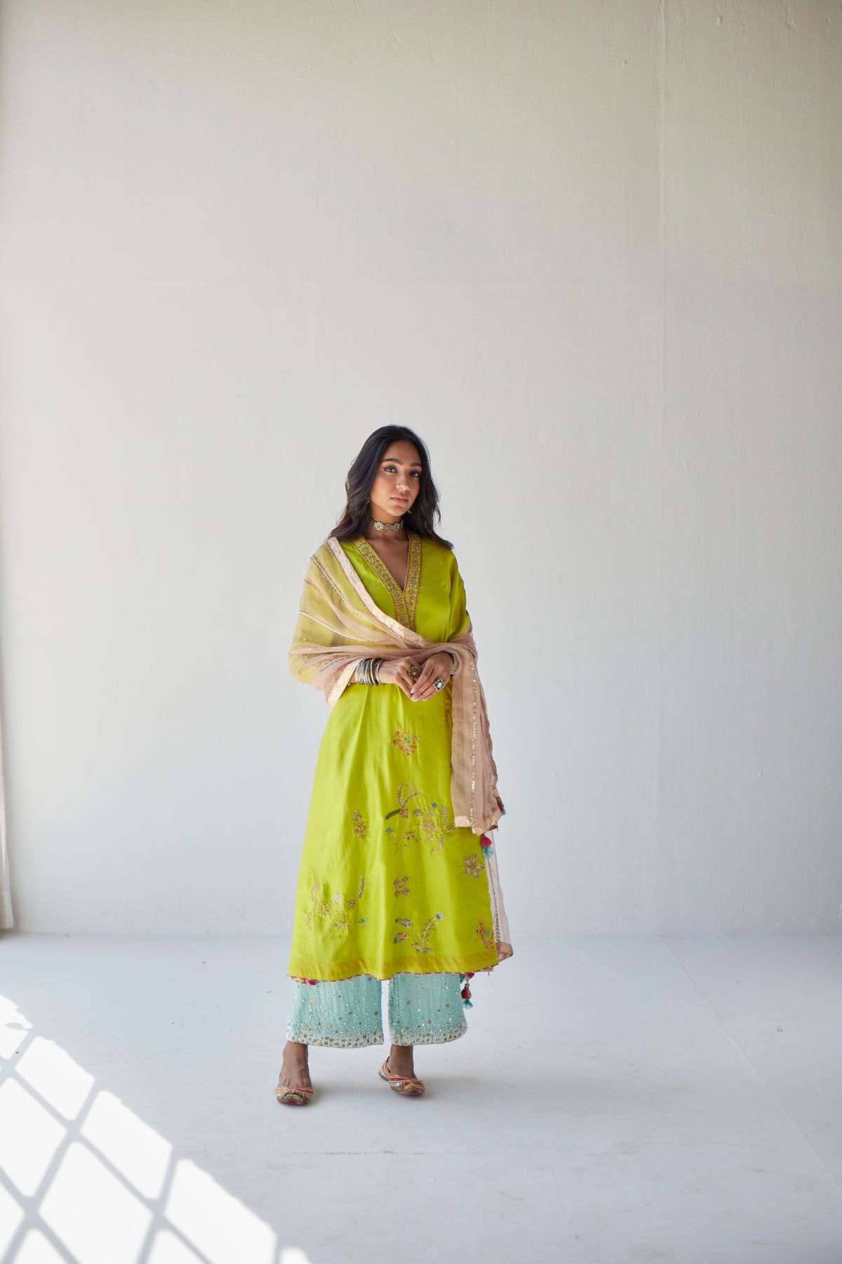 Lime green jaal kurta