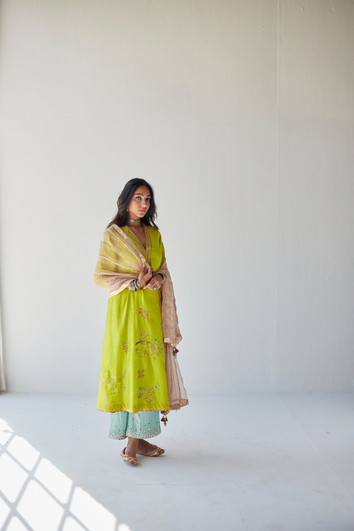 Lime green jaal kurta