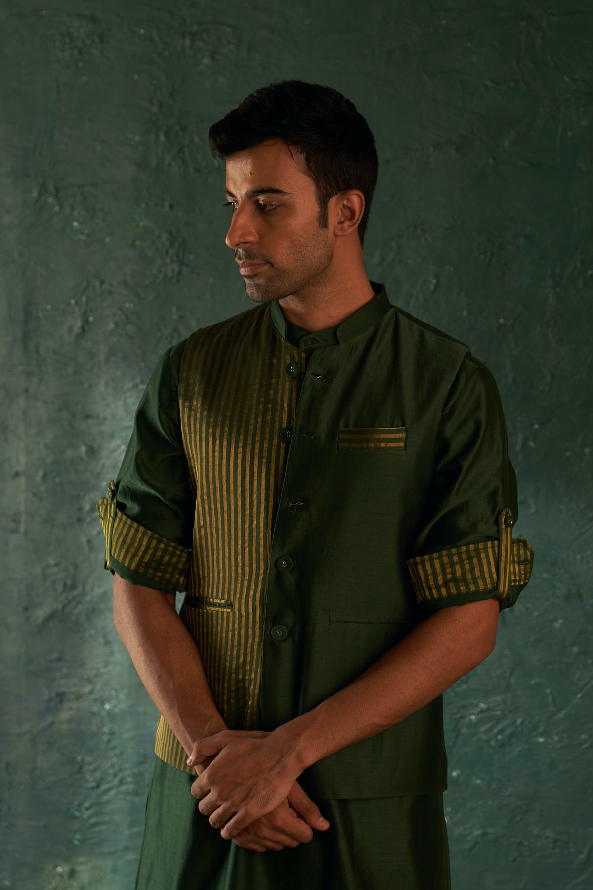 Midas Deep Green Tissue Stripe Nehru Jacket