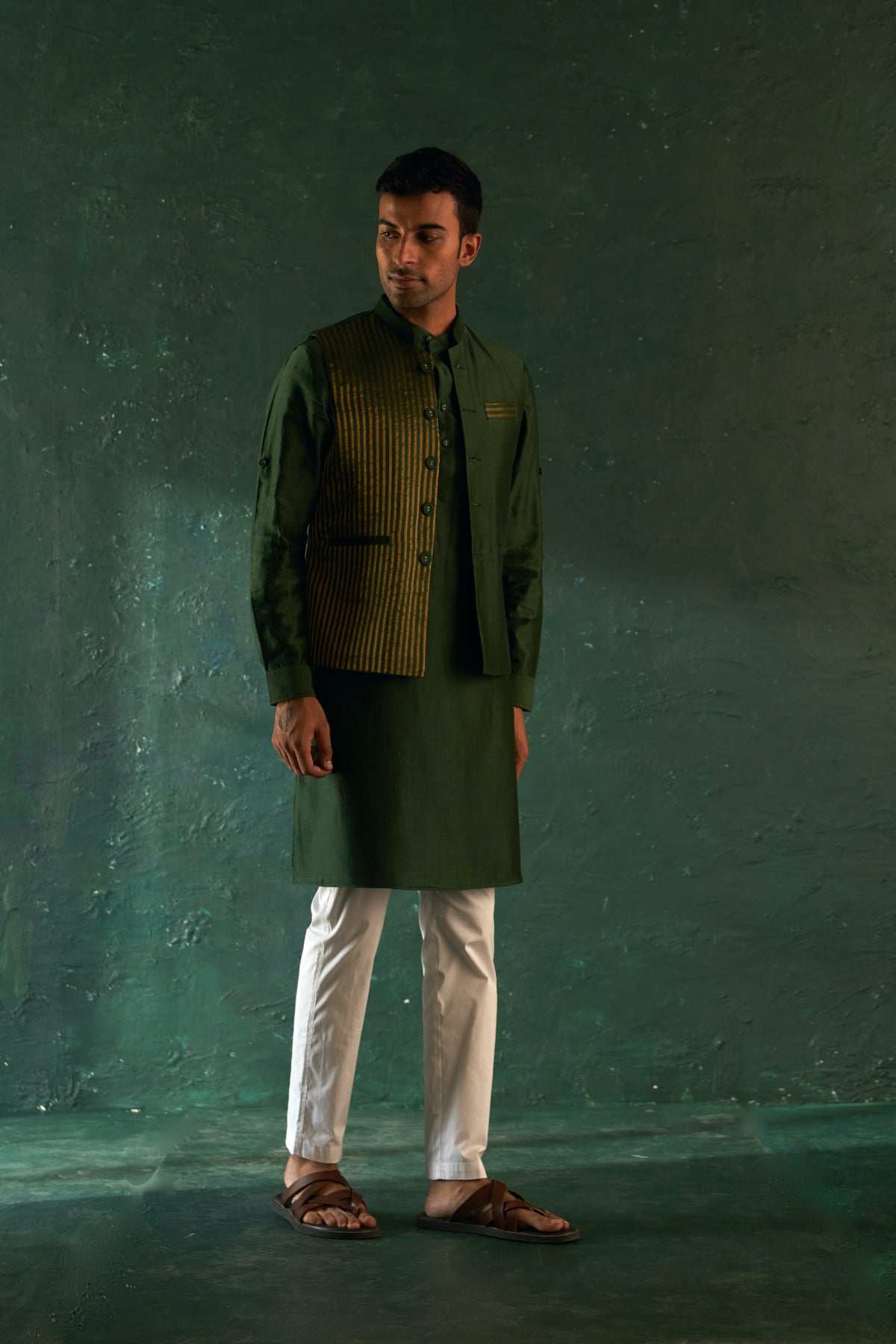 Midas Deep Green Tissue Stripe Nehru Jacket