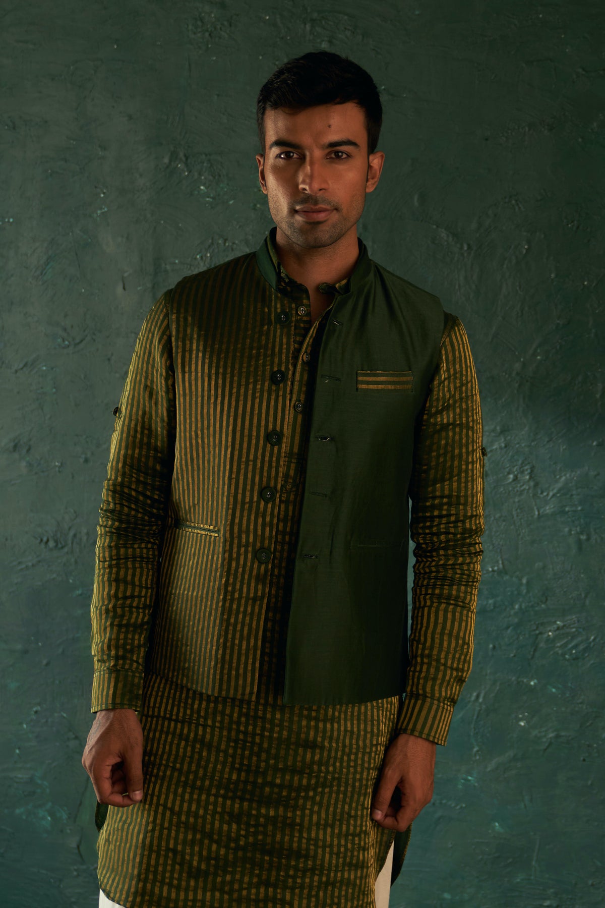 Midas Deep Green Tissue Stripe Nehru Jacket