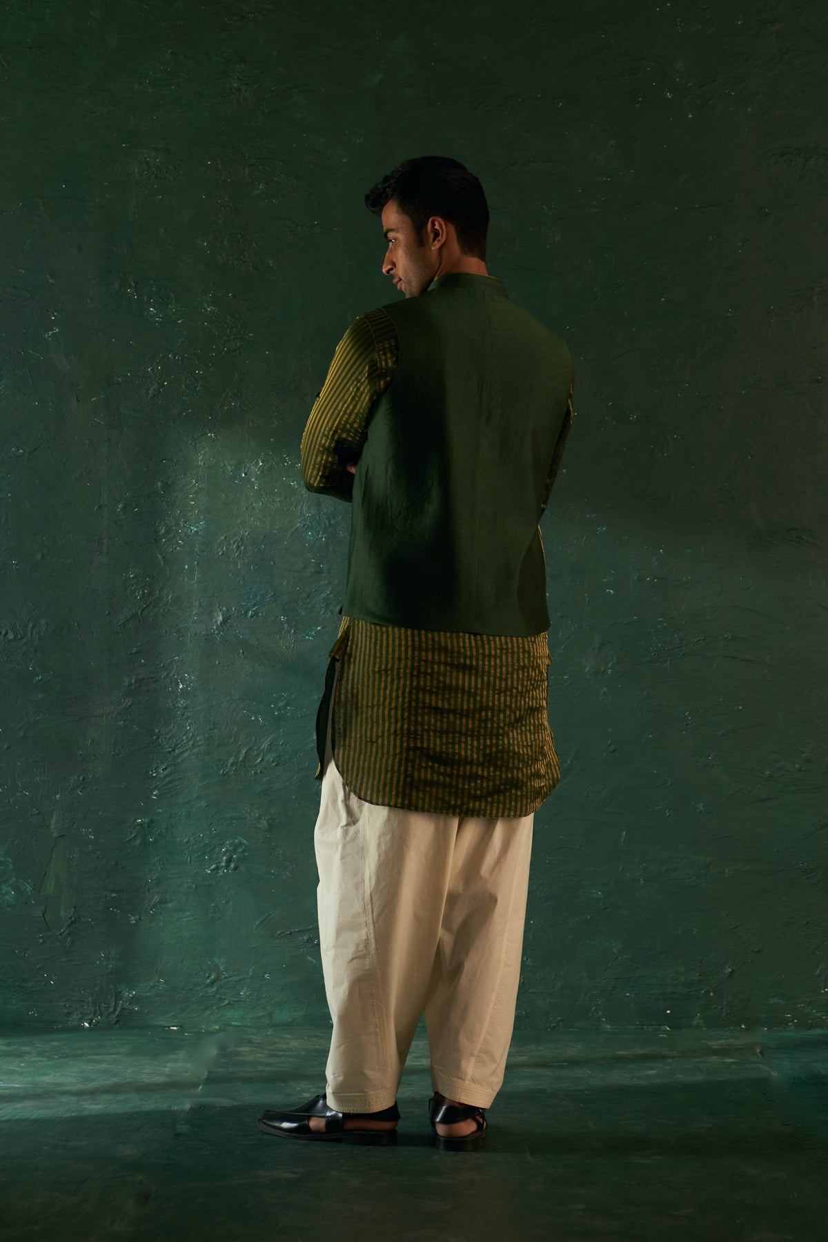 Midas Deep Green Tissue Stripe Nehru Jacket