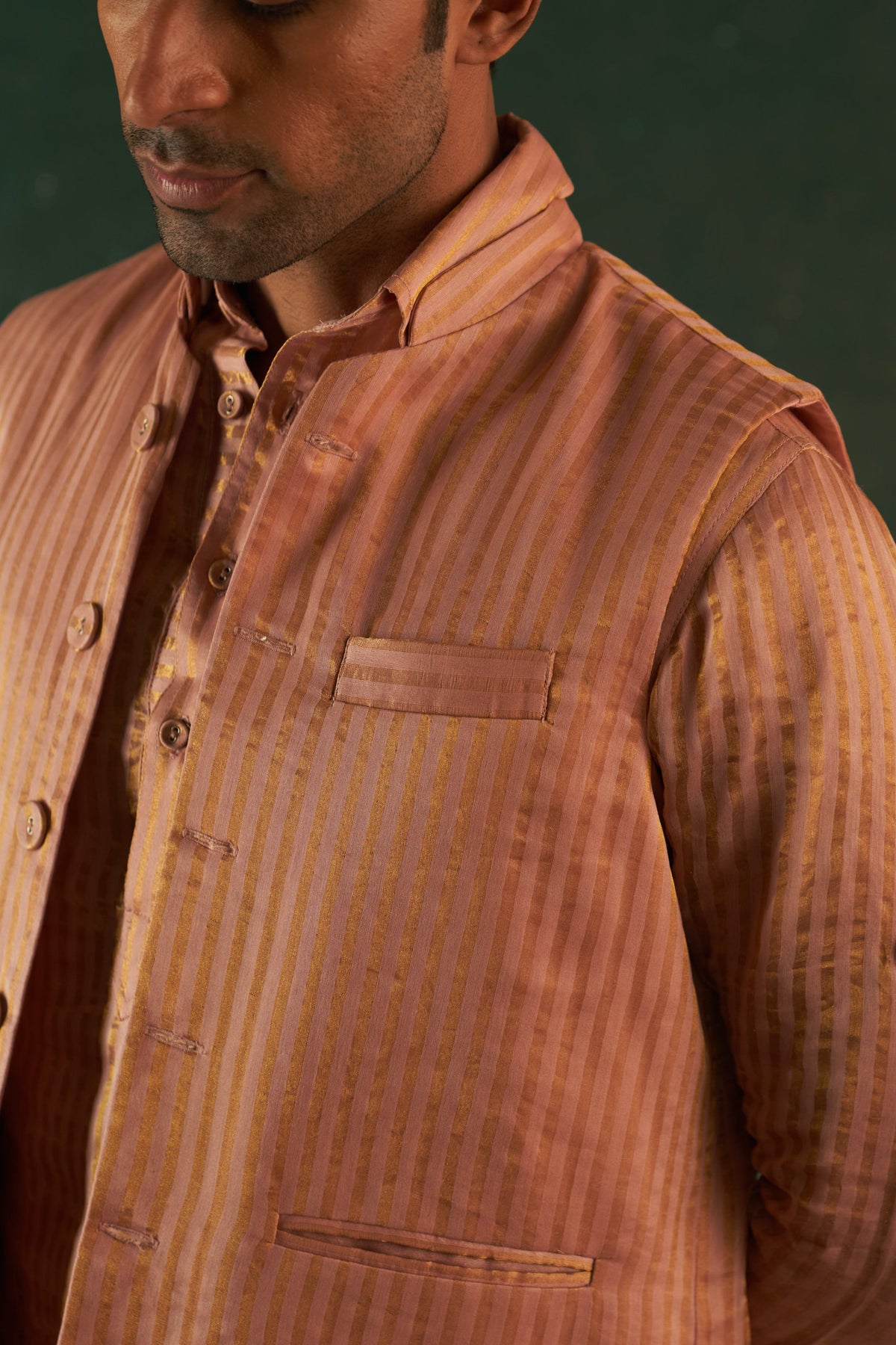 Midas Old Rose Tissue Stripe Nehru Jacket