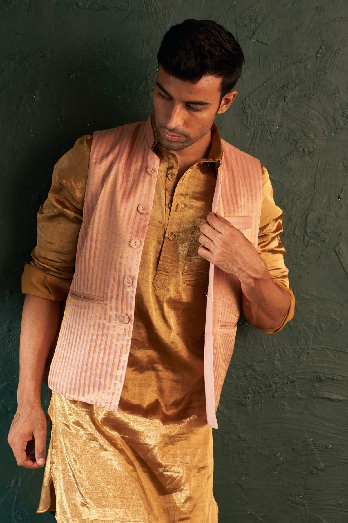 Midas Old Rose Tissue Stripe Nehru Jacket