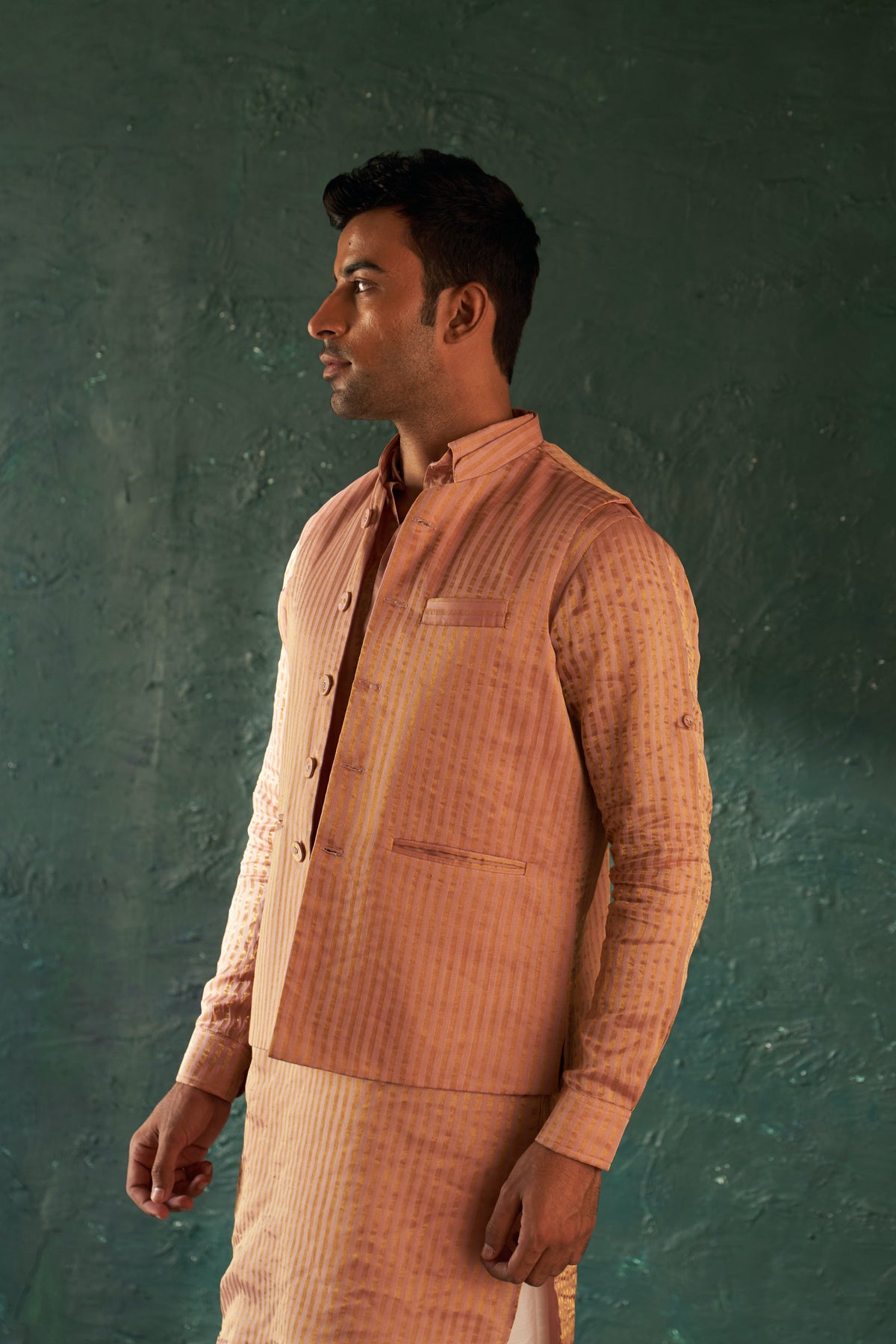 Midas Old Rose Tissue Stripe Nehru Jacket