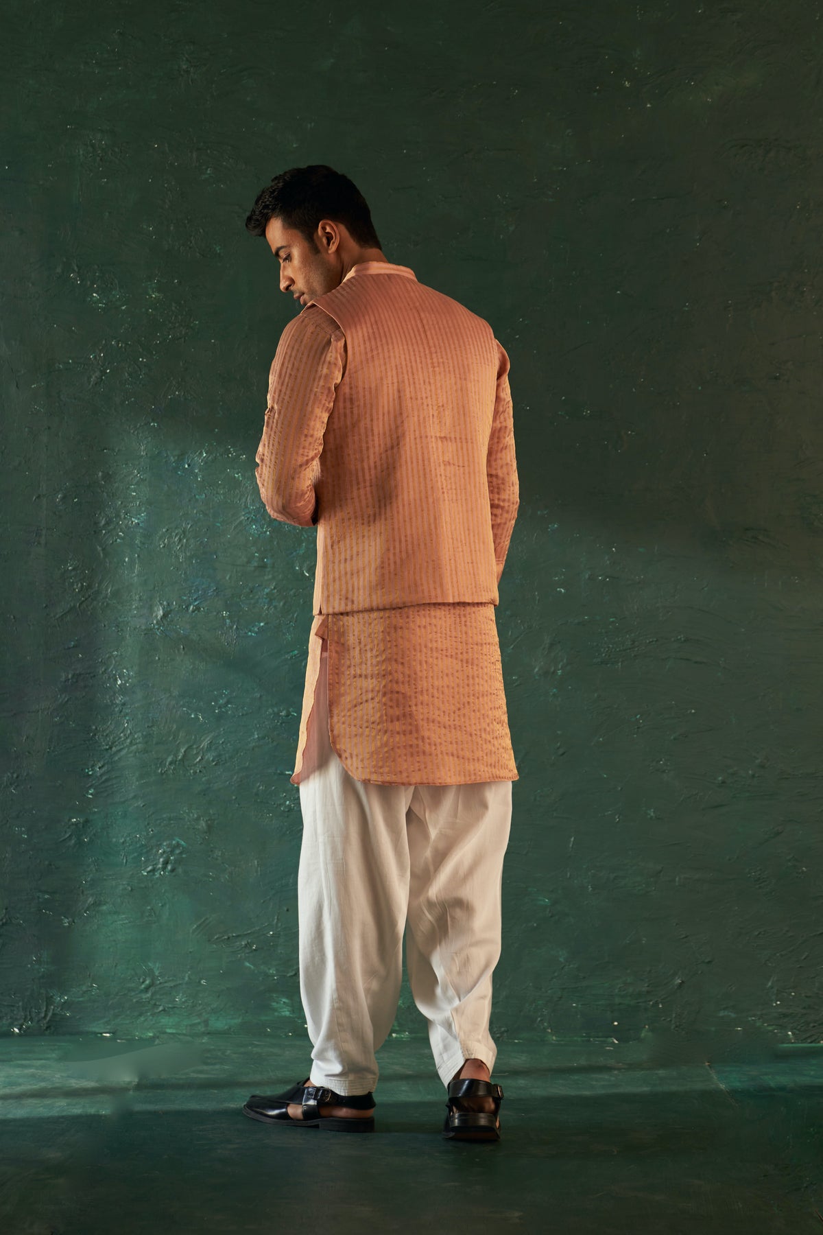 Midas Old Rose Tissue Stripe Nehru Jacket