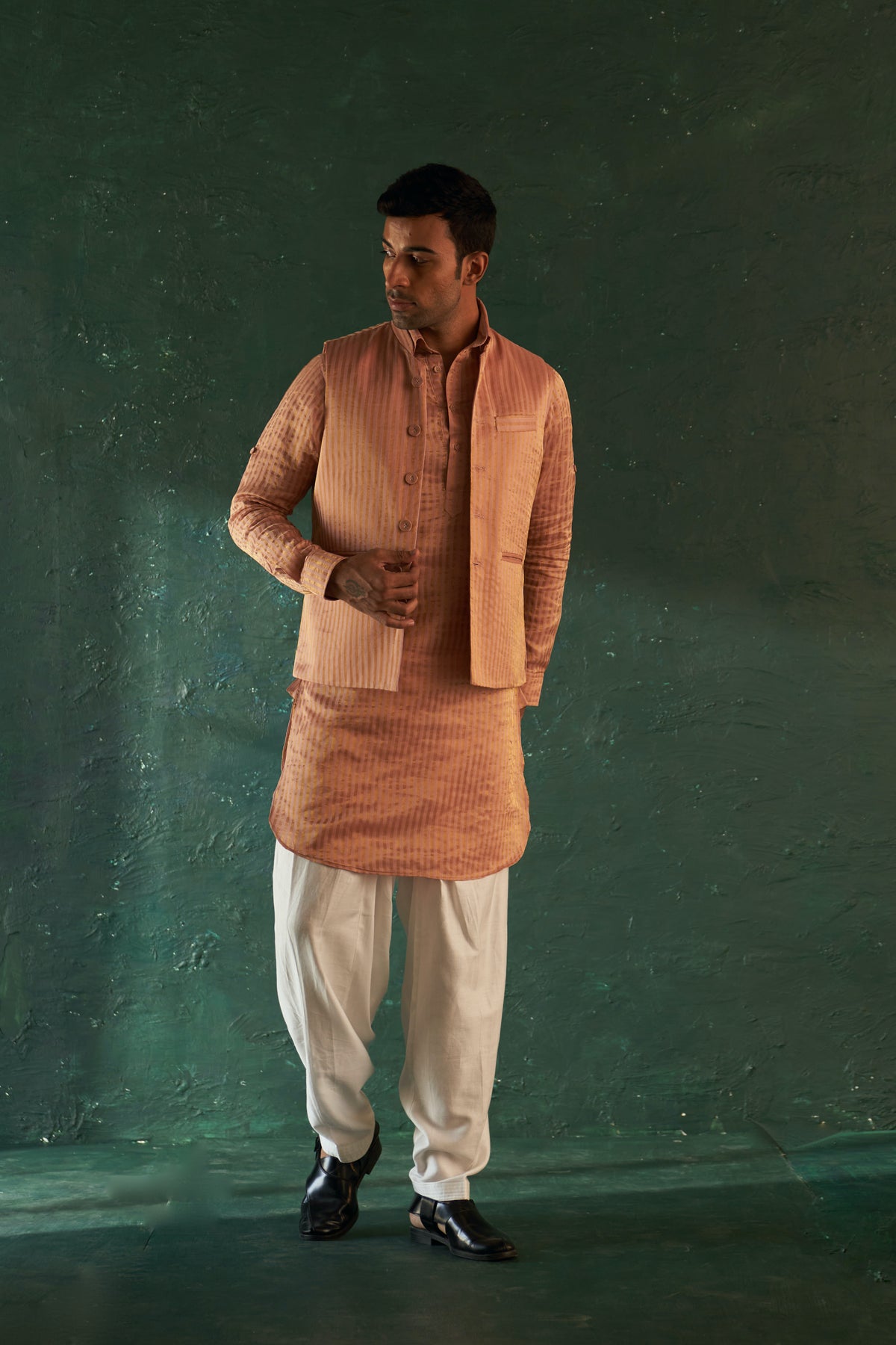 Rose Pink Stripe Pathani Kurta Set with Jacket