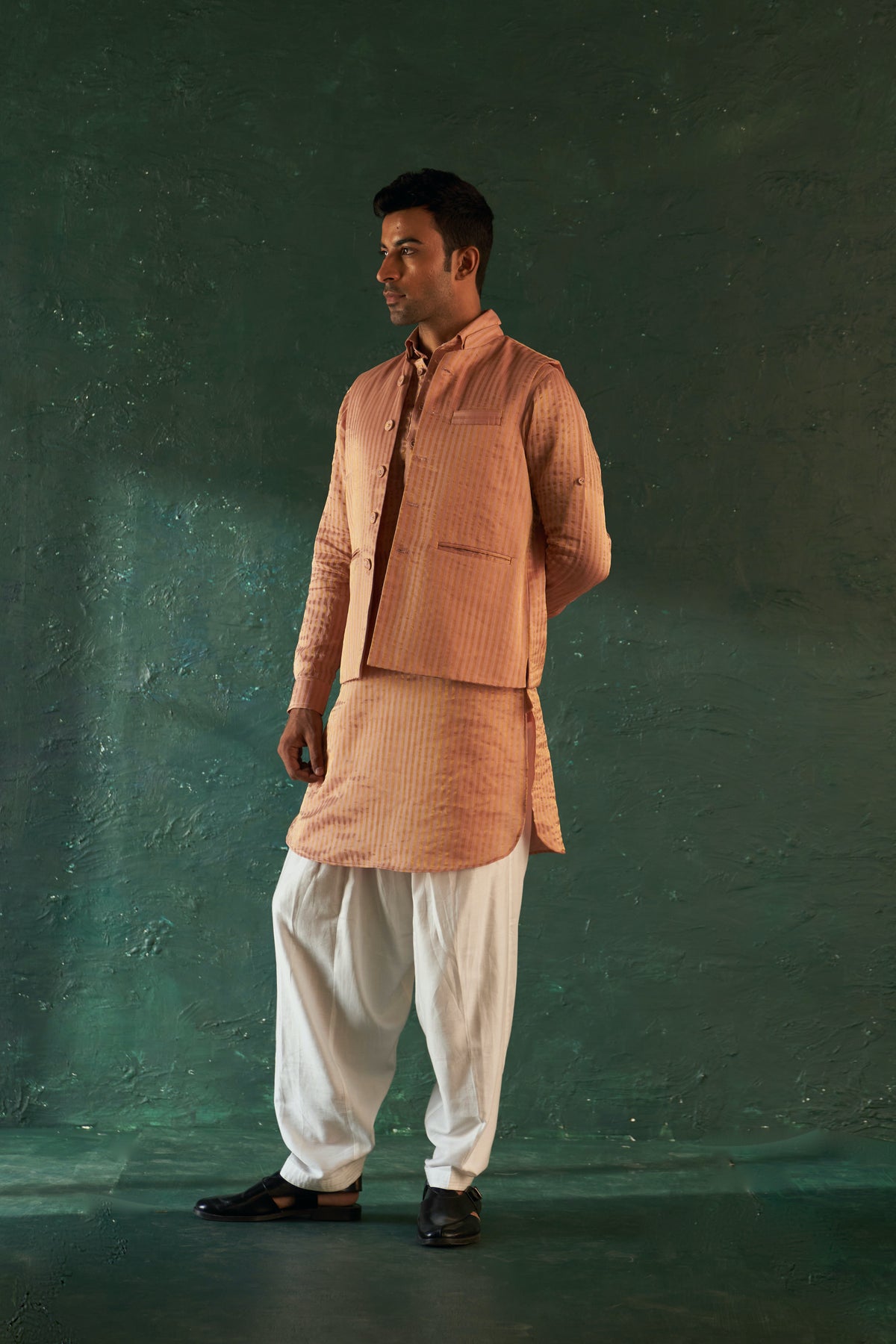 Rose Pink Stripe Pathani Kurta Set with Jacket