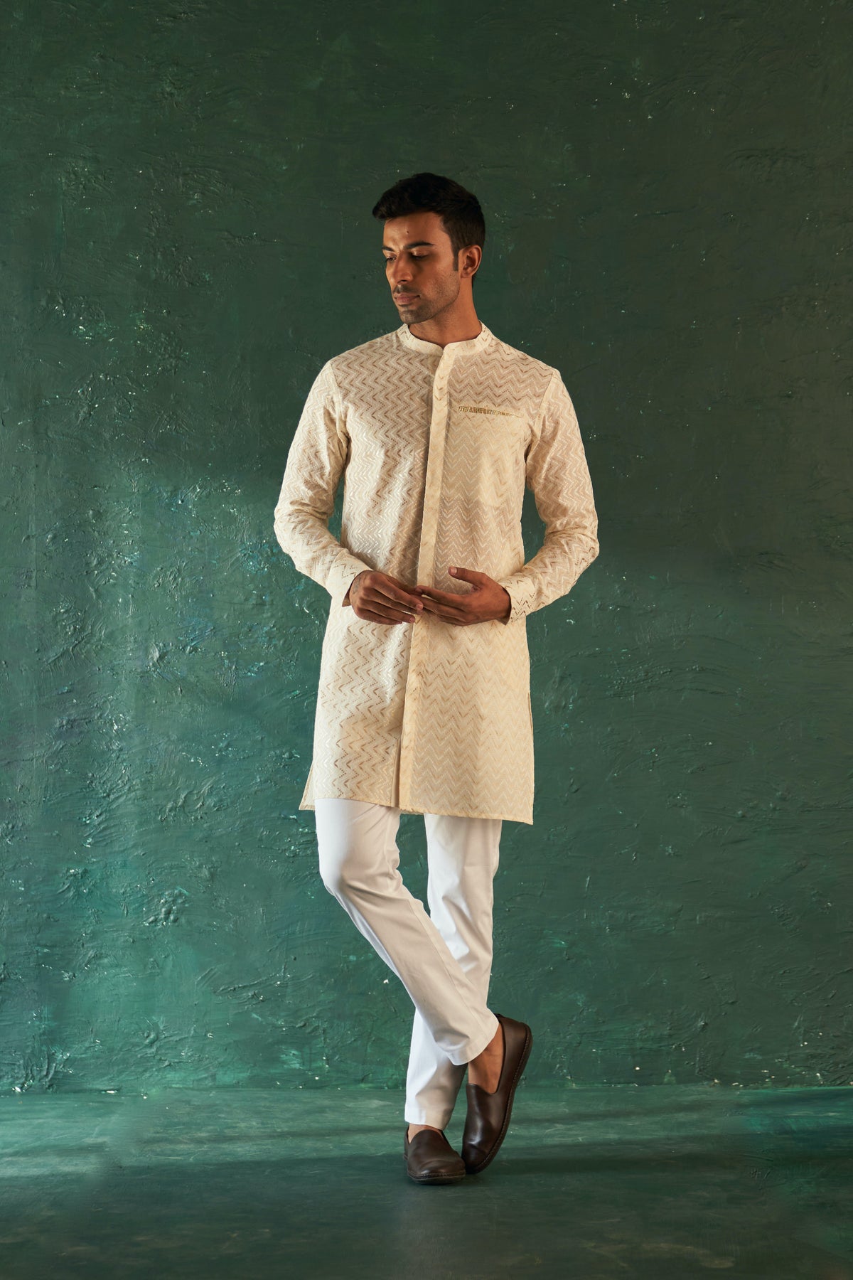 White Chevron Front Placket Kurta set