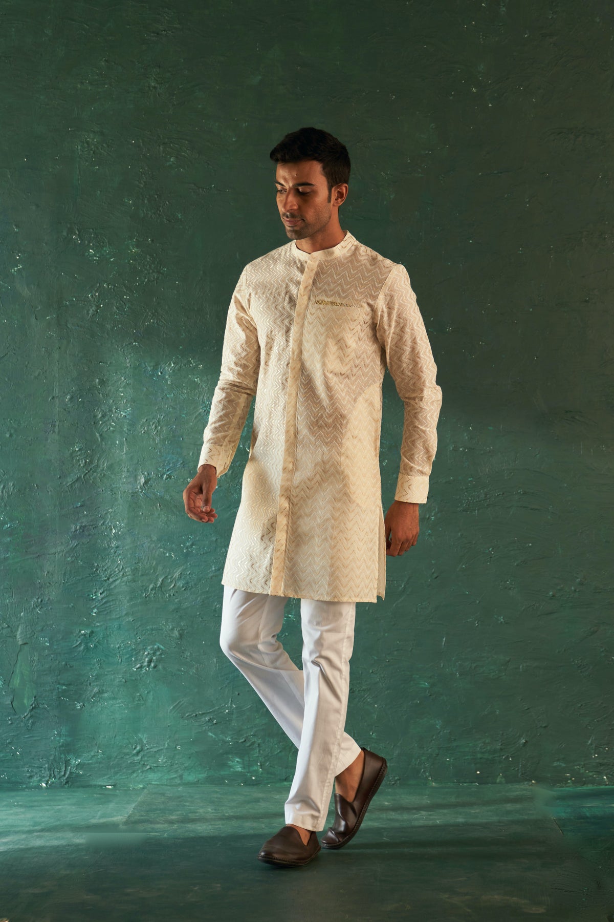 White Chevron Front Placket Kurta set