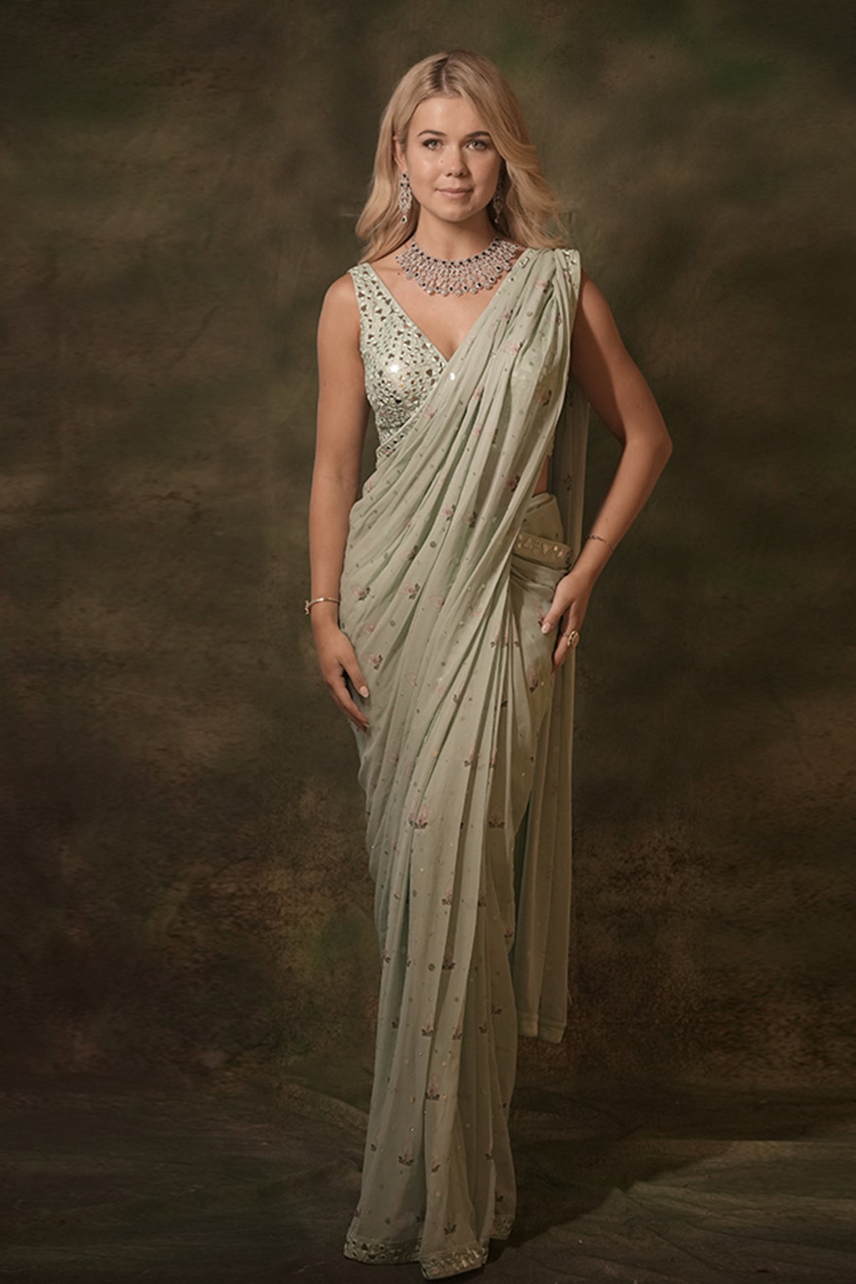 Celadon Saree Set With Jacket