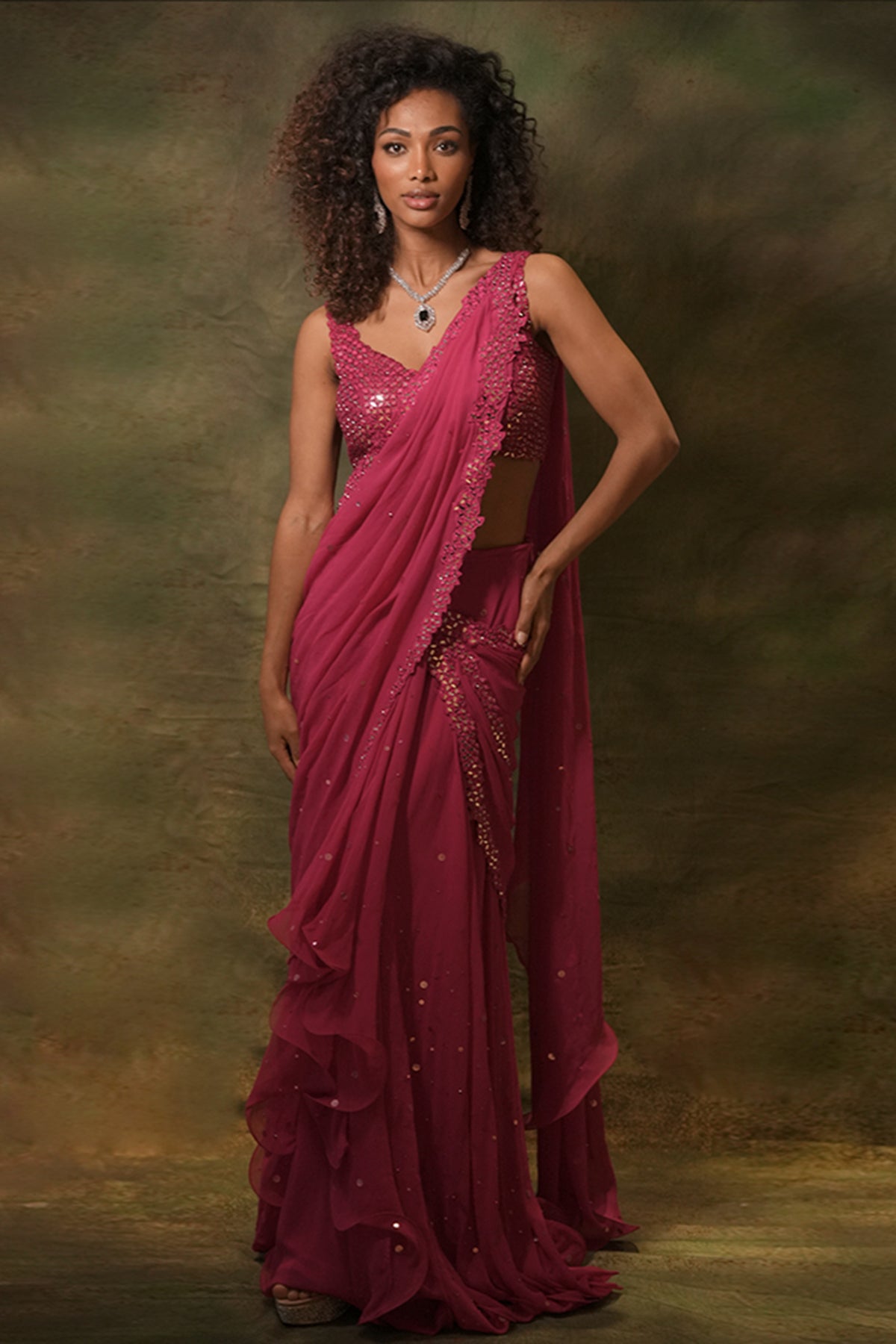 Pink Mirror Embroidery Saree Set