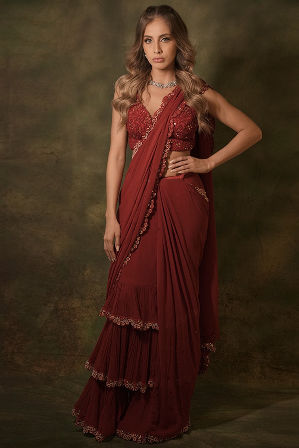 The Maroon Ruffle Saree Set