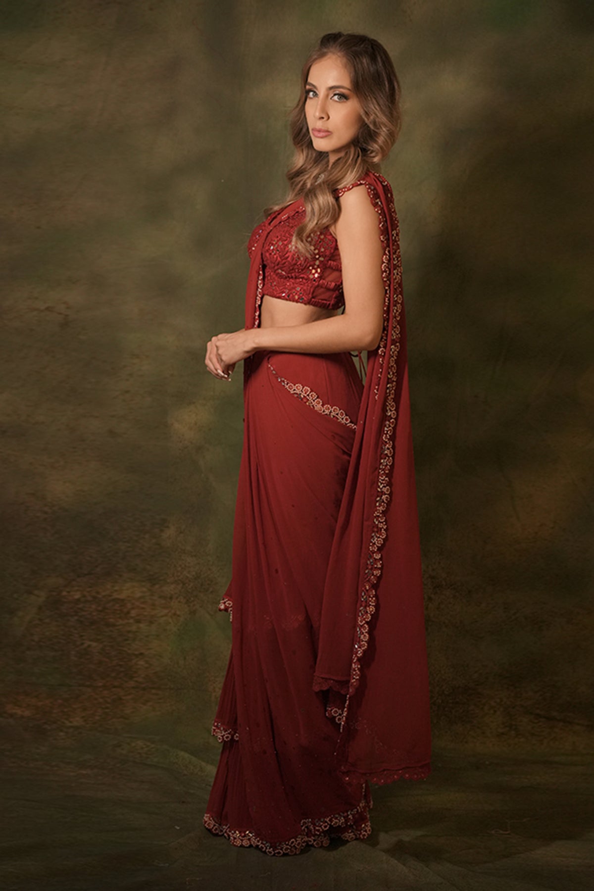 The Maroon Ruffle Saree Set