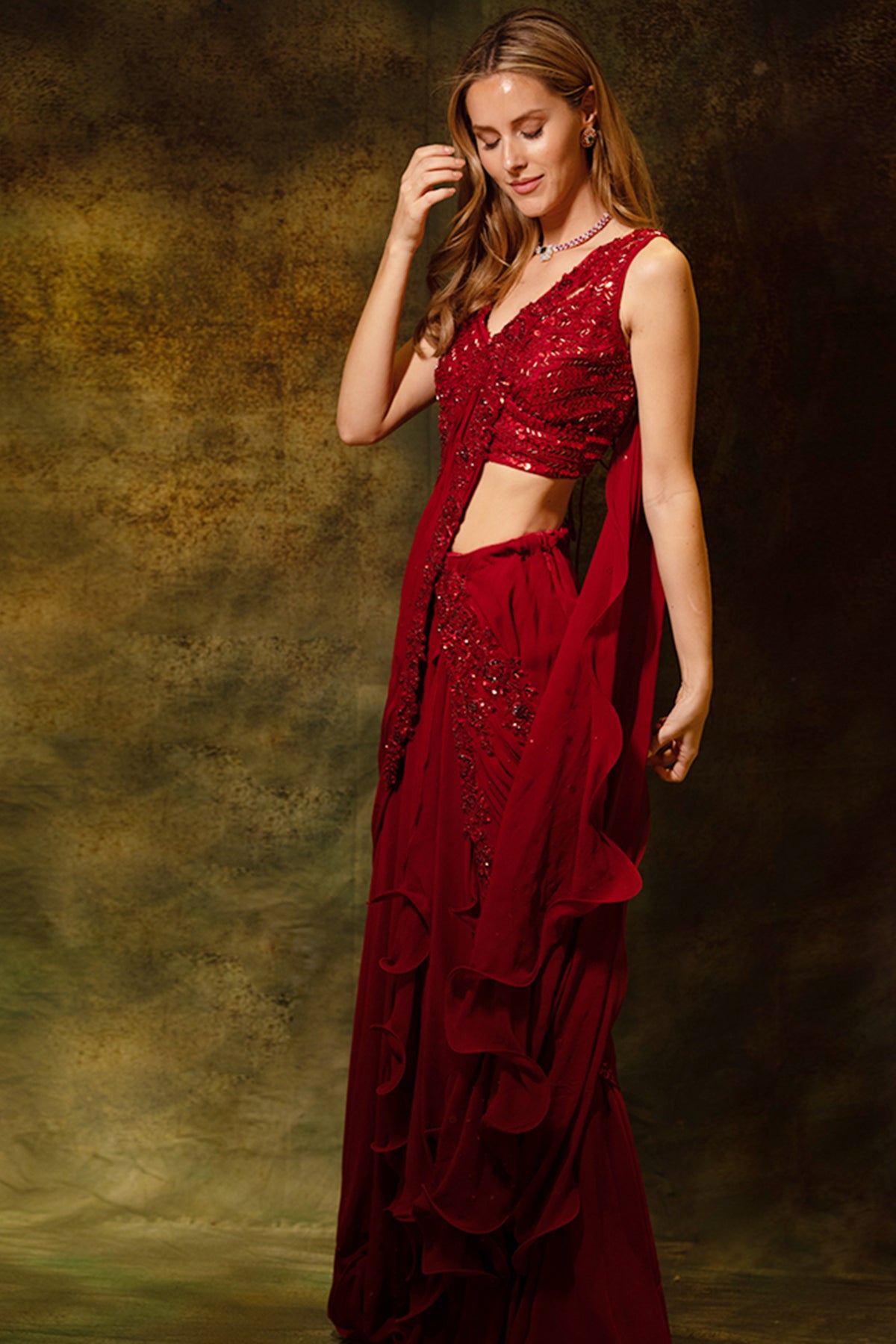 Maroon Sequins Saree Set