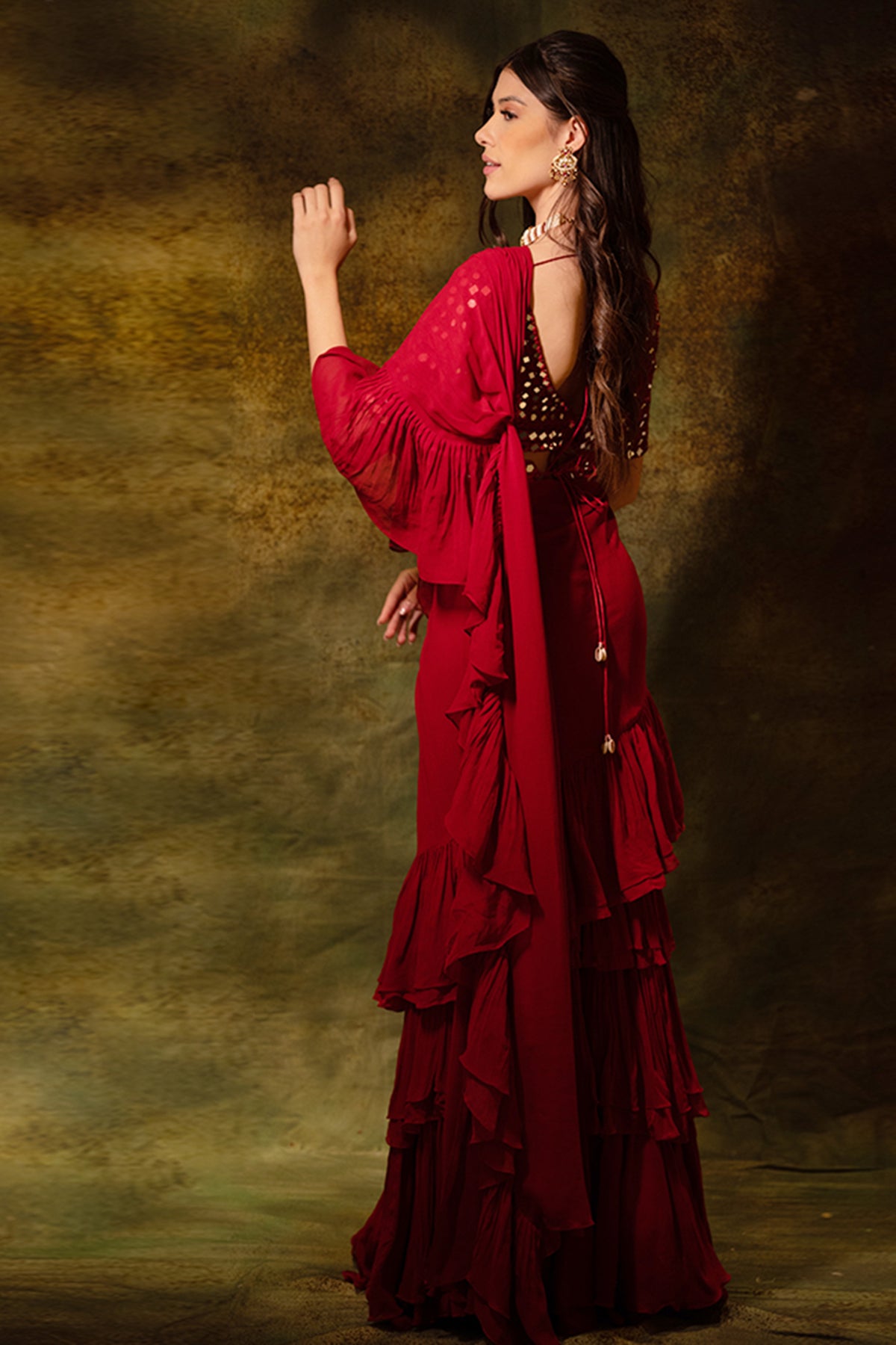 Maroon Mirror Ruffle Saree Set