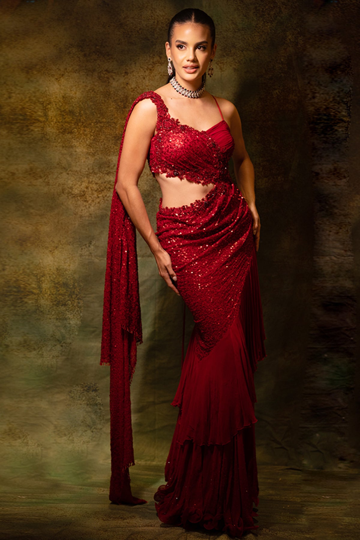 Red Sequins Gown Saree