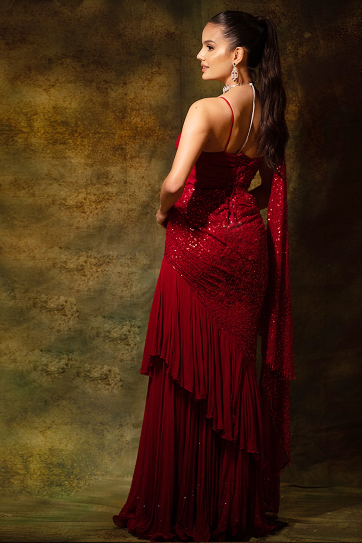 Red Sequins Gown Saree