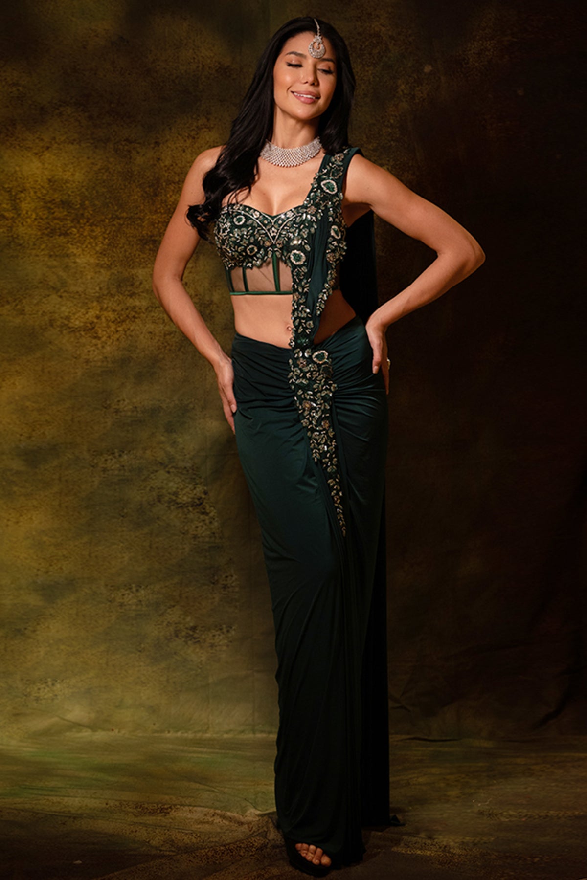 Shimmering Green Corset Saree Set