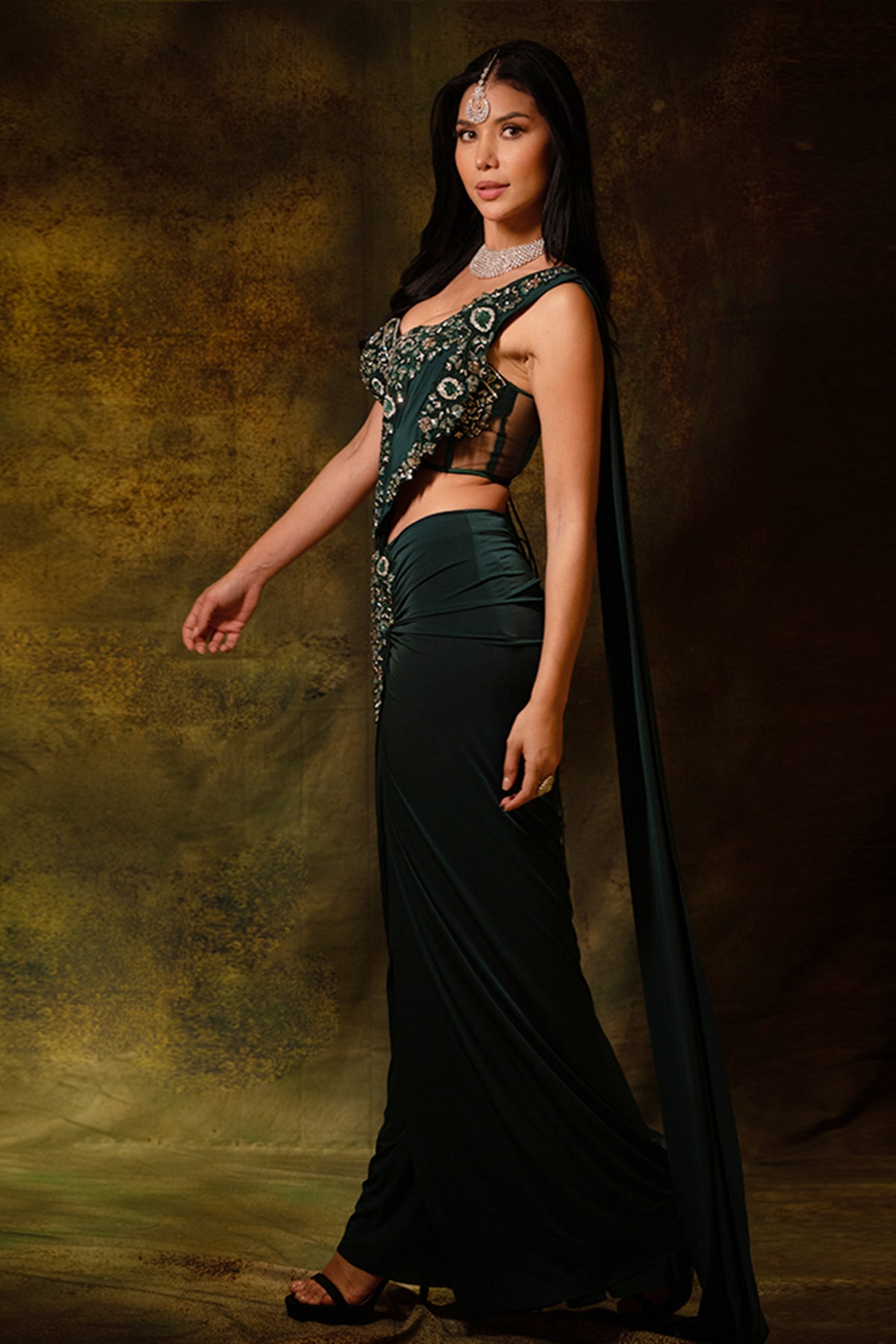 Shimmering Green Corset Saree Set