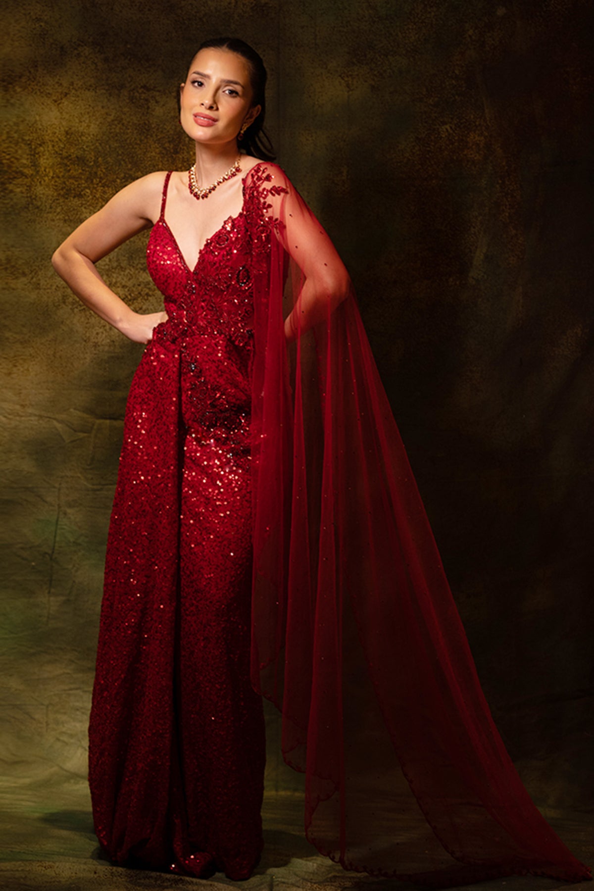 Red Sequins Drape Gown