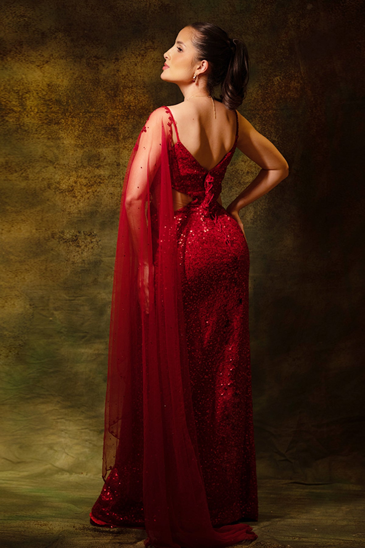 Red Sequins Drape Gown