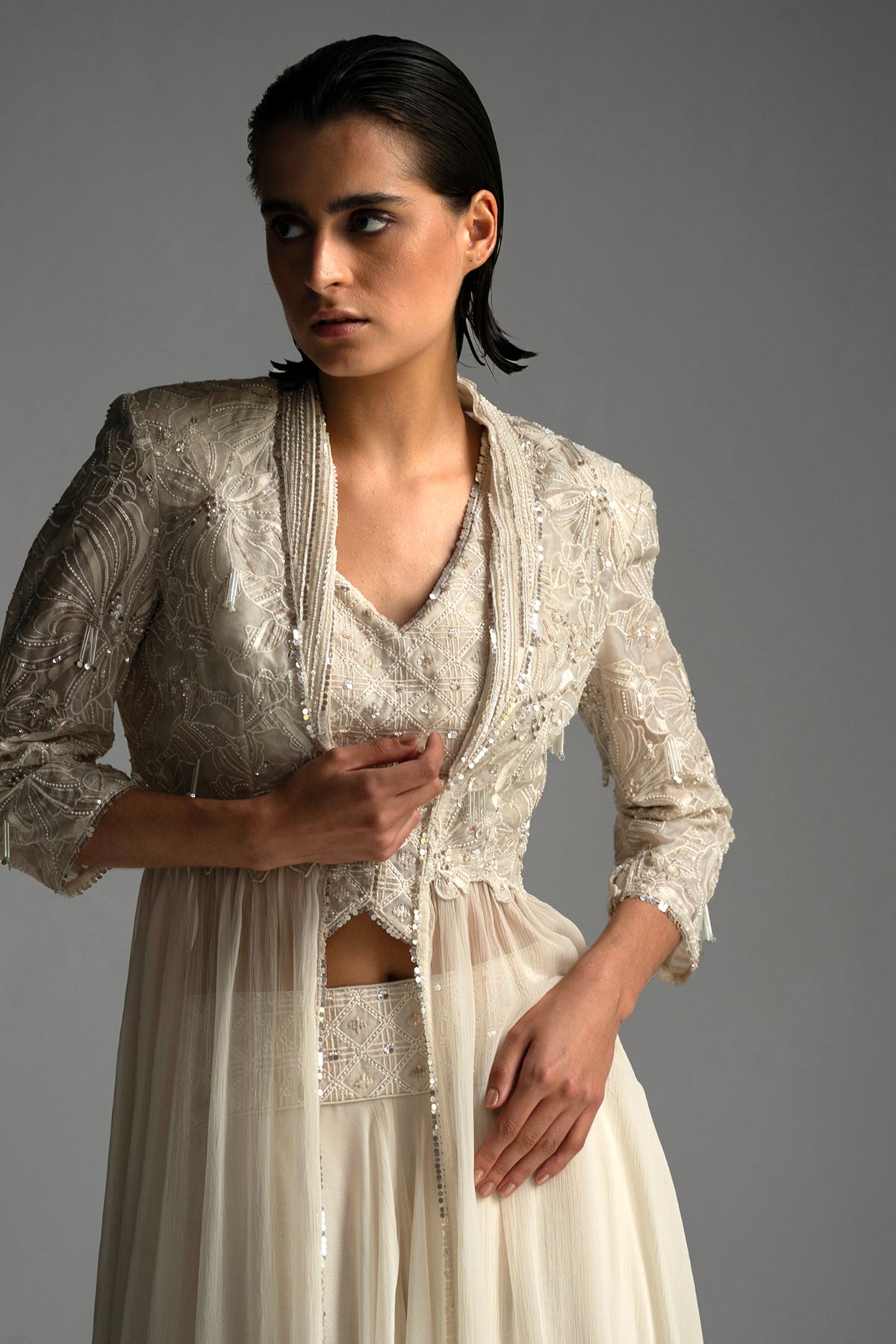 Ivory Hibiscus Bloom Cape  Jacket Set