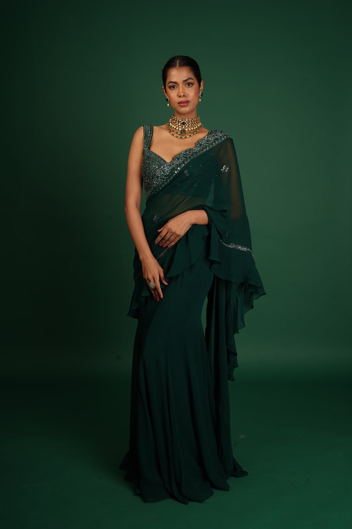 Dark Green Pre-draped Saree