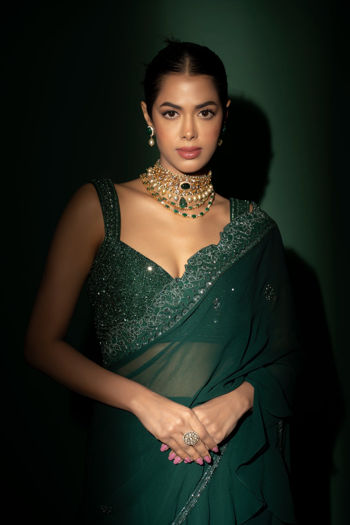 Dark Green Pre-draped Saree