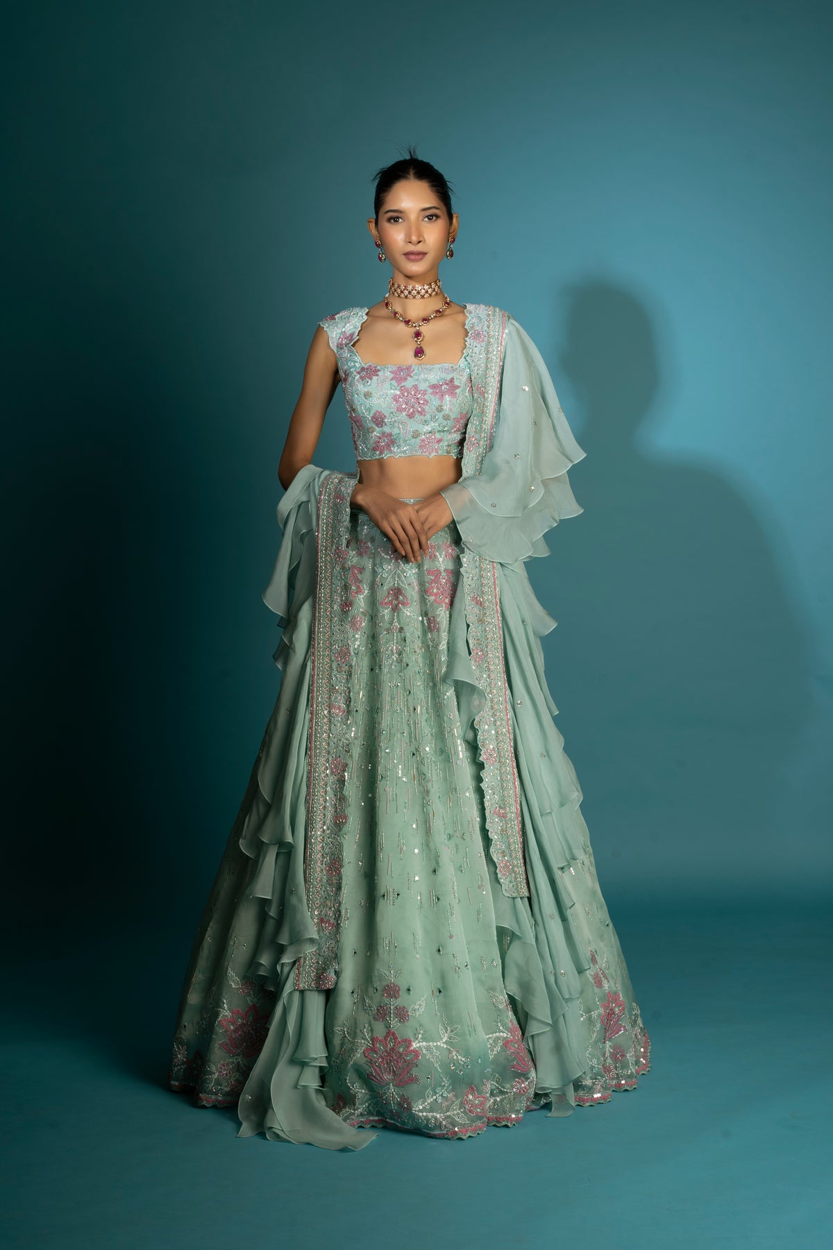 Green Floral Lehenga Set