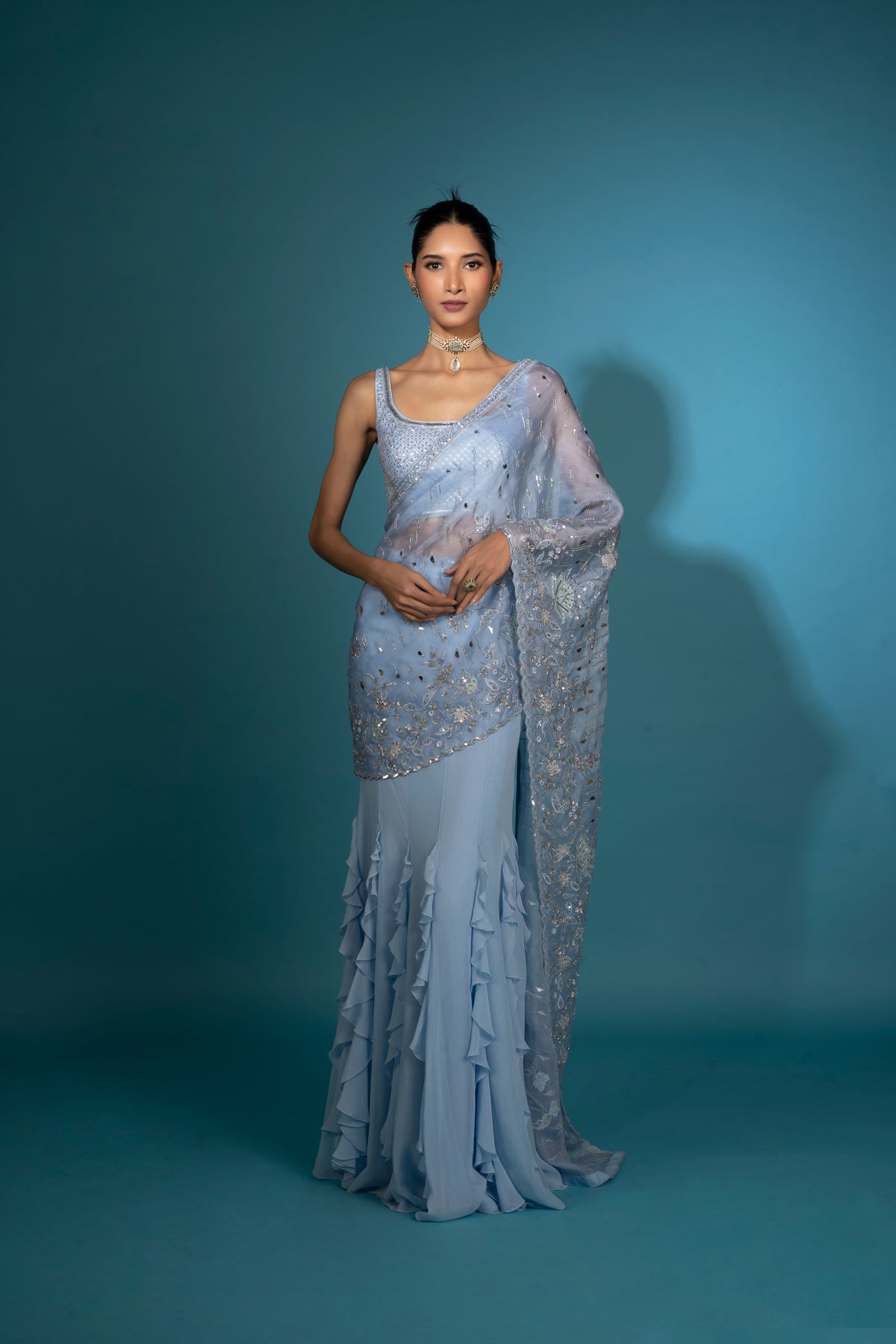 Light Blue Pre-draped Saree