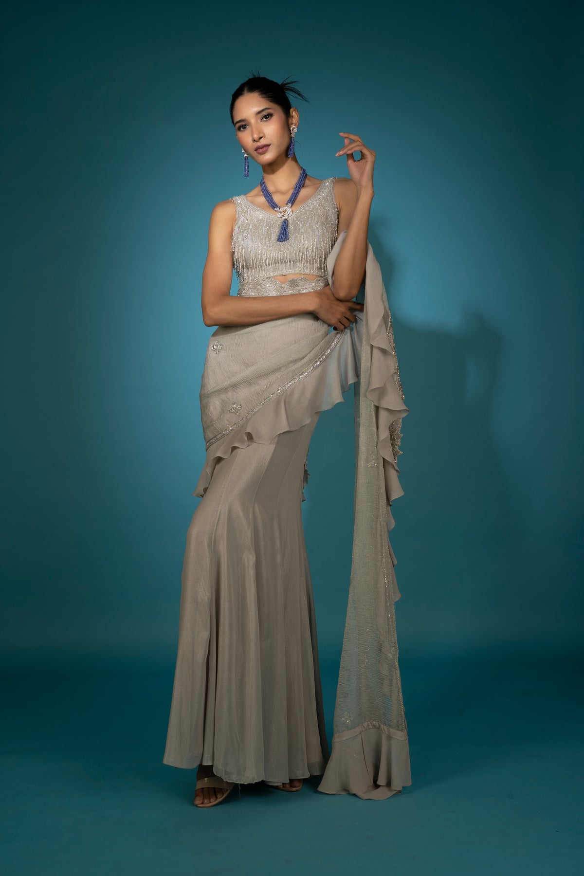 Grey Pre-draped Saree