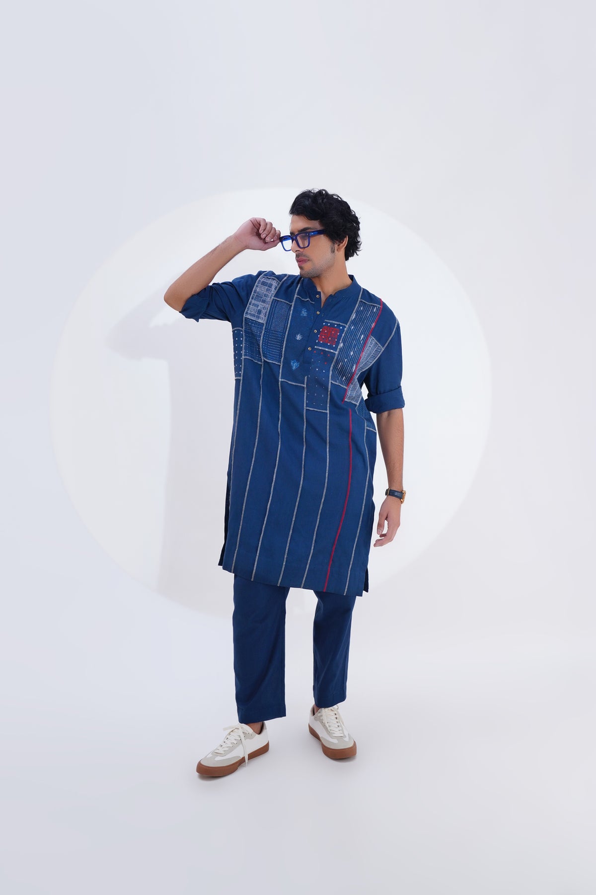 Indigo Printed Panel Patch Kurta Set