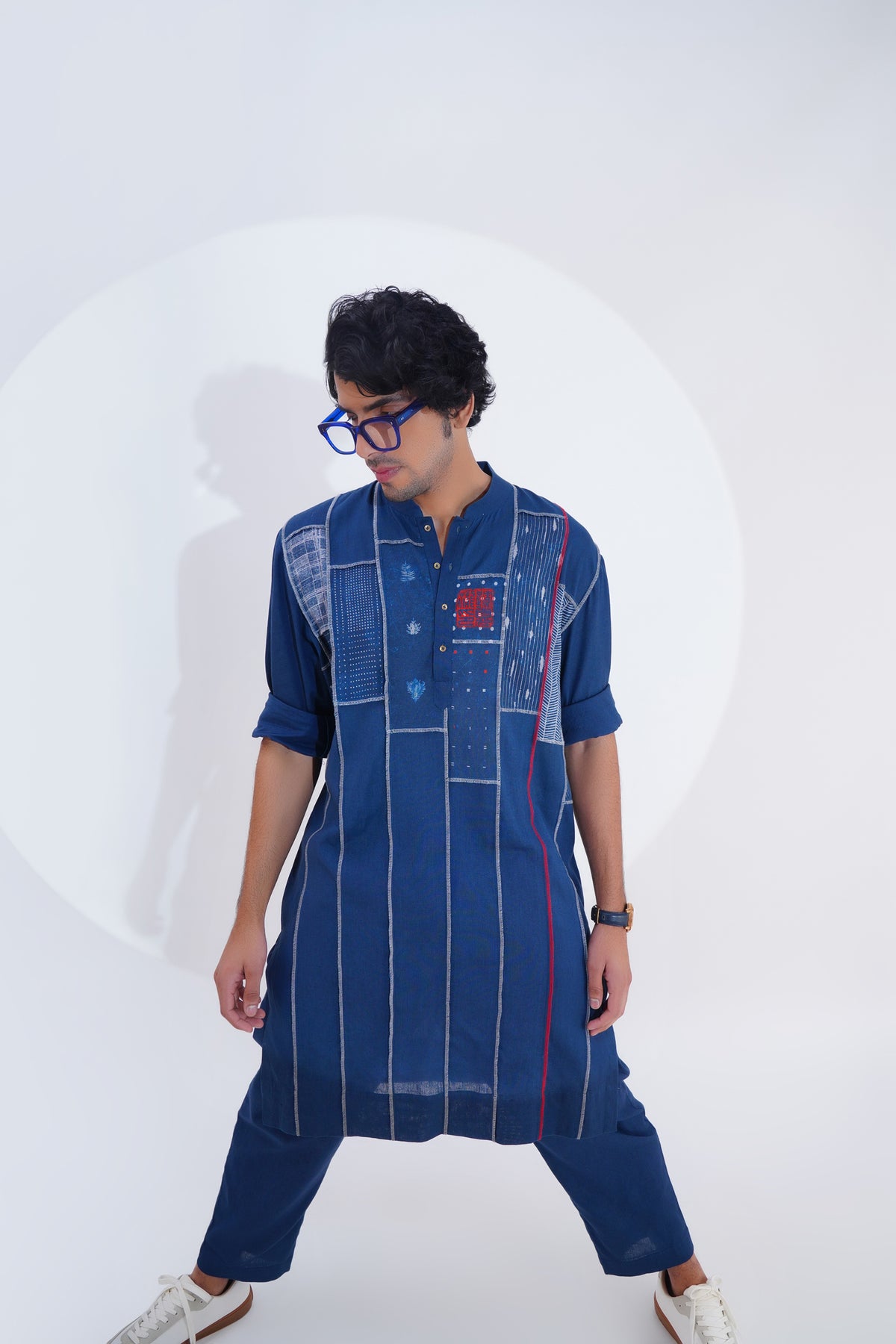 Indigo Printed Panel Patch Kurta Set