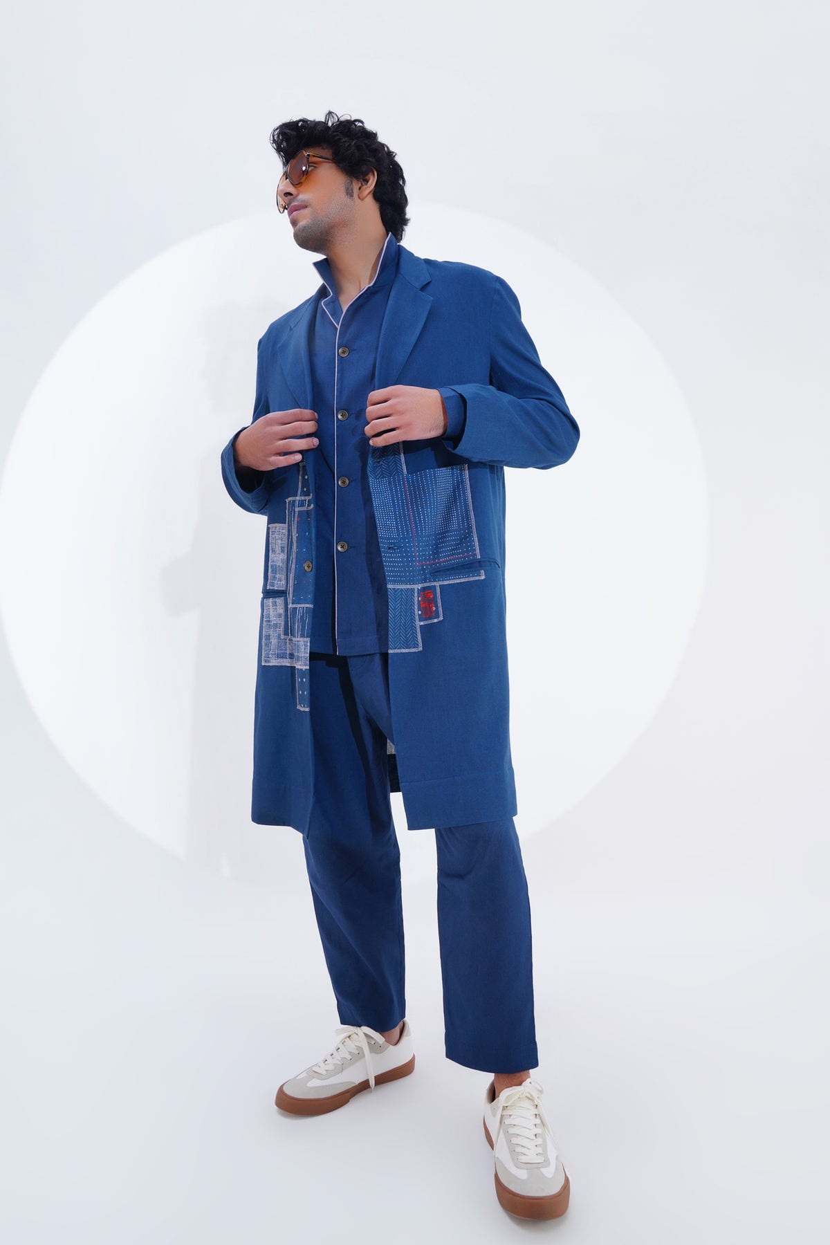 Indigo Plain Lapel Long Jacket