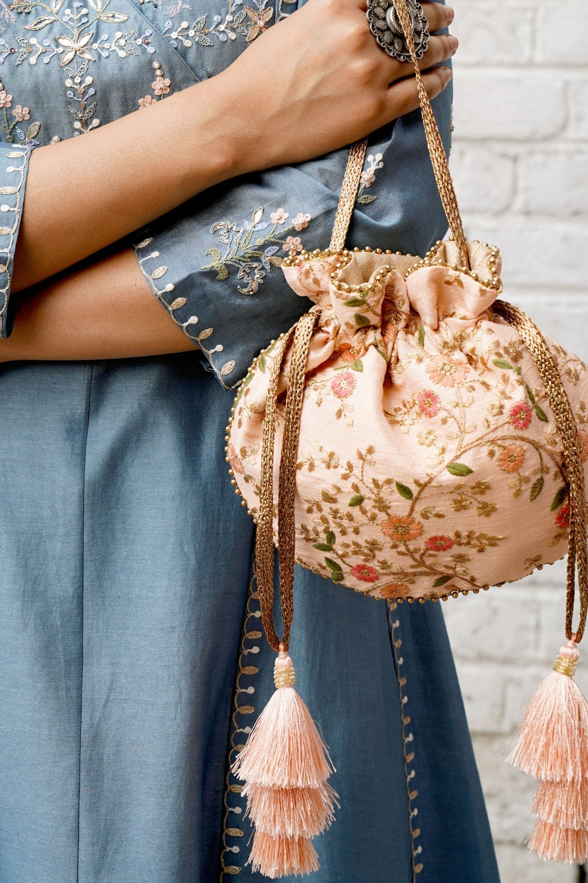 Floral Creeper Peach Potli Bag