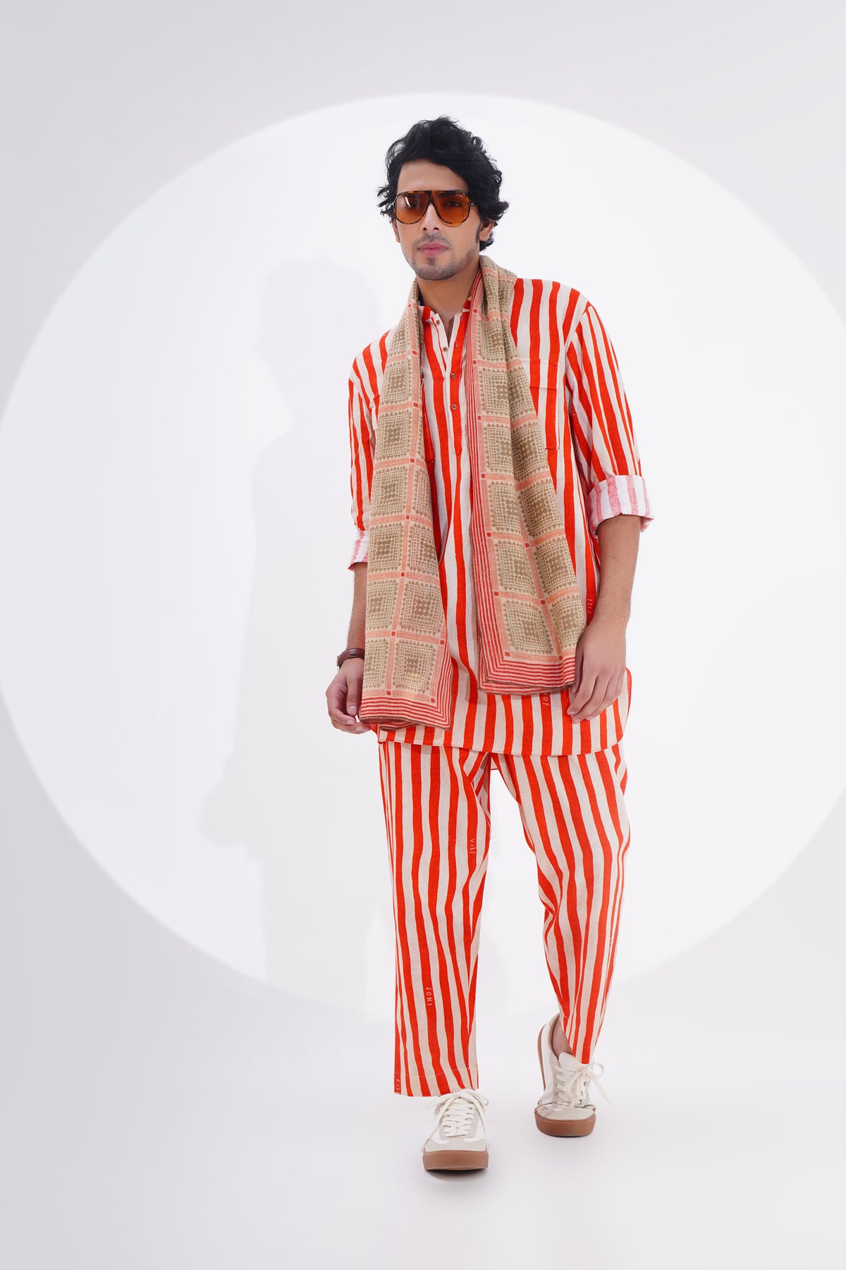 Red Striped Printed Kurta Set