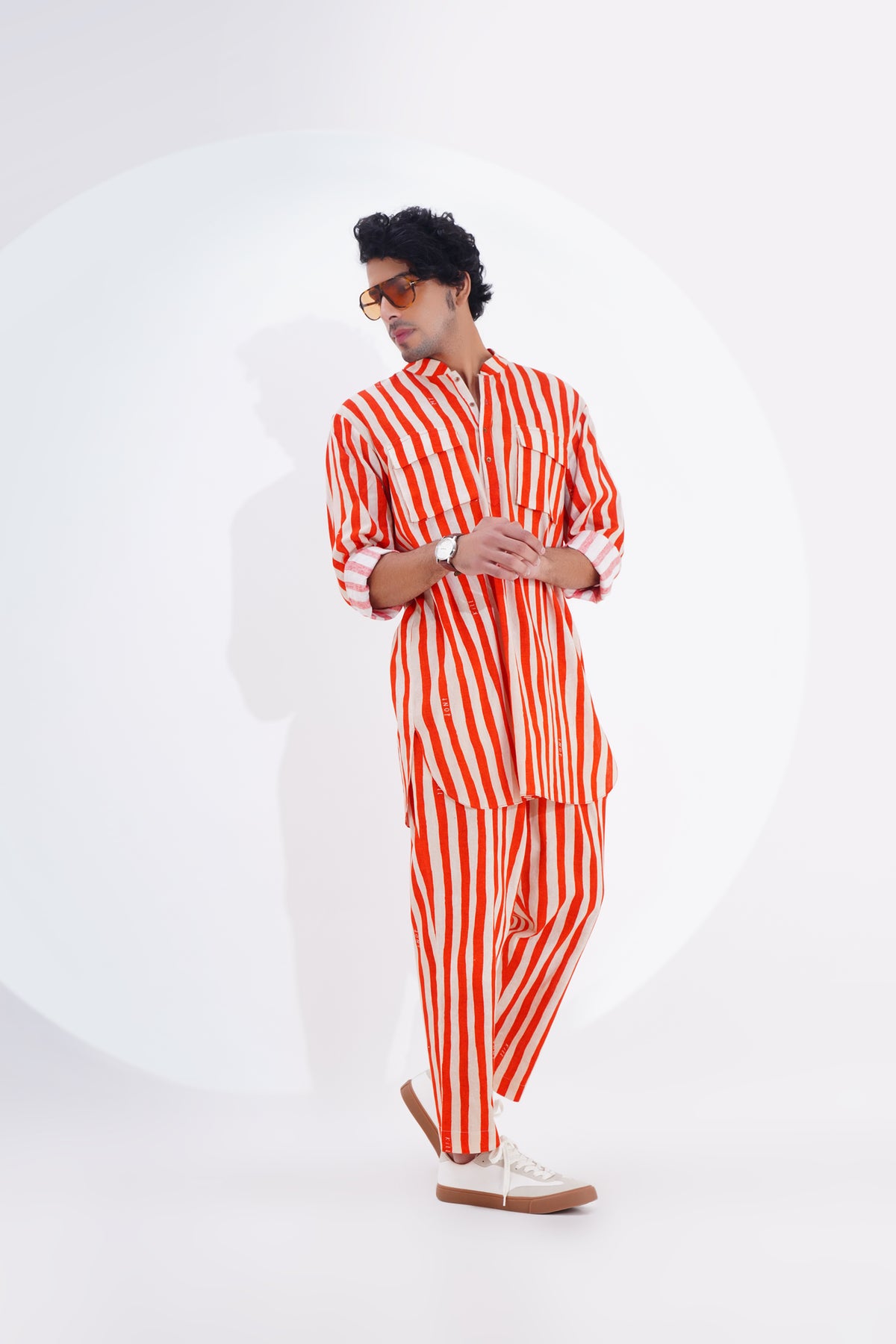 Red Striped Printed Kurta Set